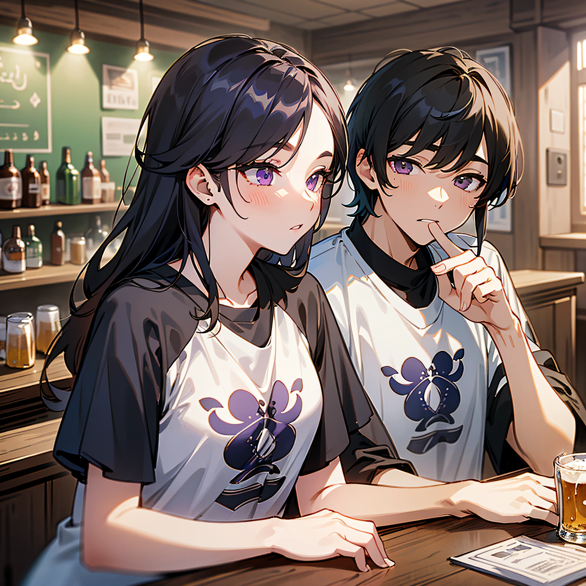 Masterpiece, best quality, {best quality}, {{masterpiece}}, {highres}, {{{field field}}, extremely detailed couple, illustration, couple, 1boy, 1girl, couple, love, love, romantic, sharp focus, male focus, female focus, black hair, violet eyes, sun, sunlight, lifting, surprised, envy, t-shirts, men's leisure clothes, expressionless, women's fashion, tavern, tavern, beer --auto --s2
