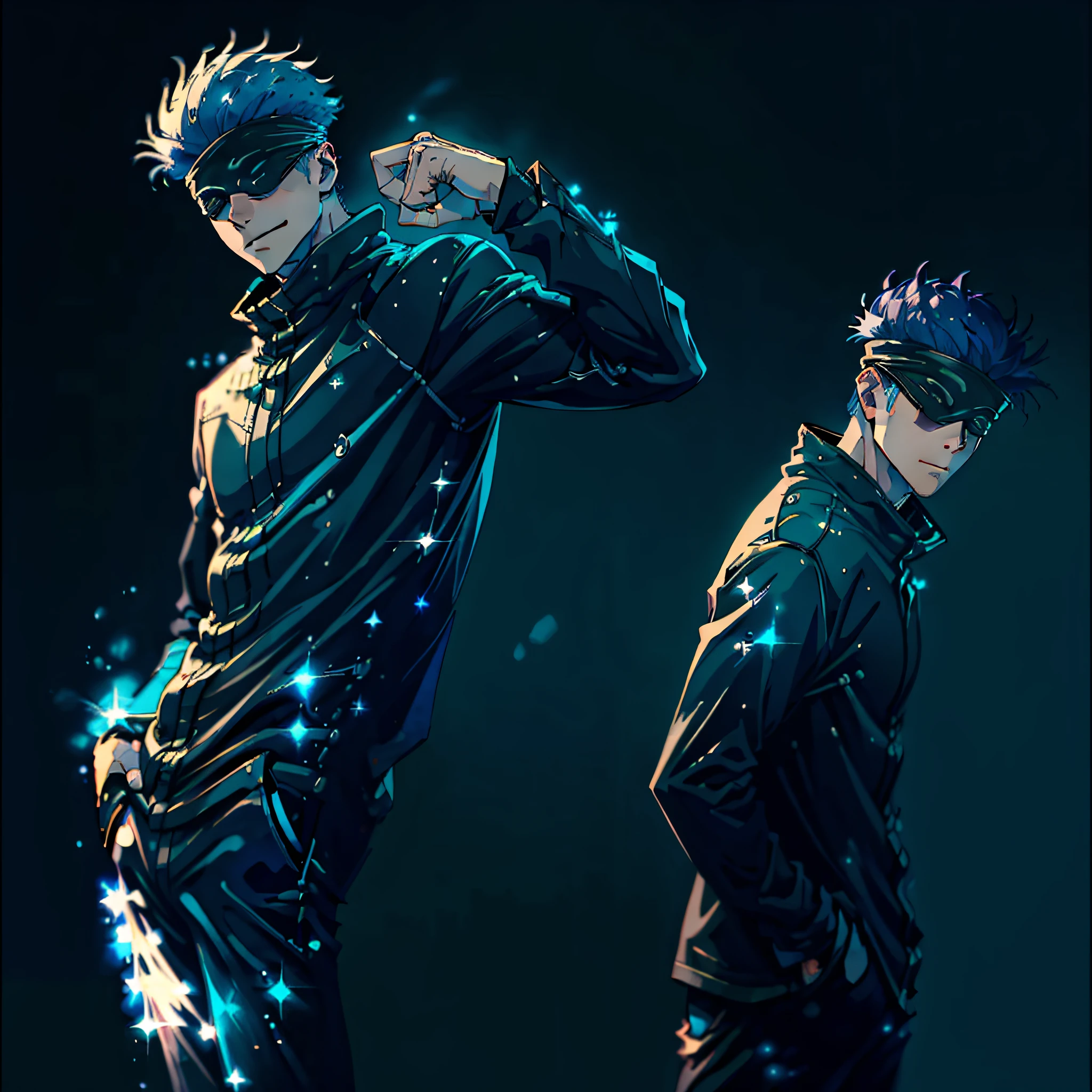 (masterpiece, best quality:1.2), cowboy shot, solo, male focus, 1boy,slim, gojo satoru, smile, hands in pockets, blindfold, black jacket