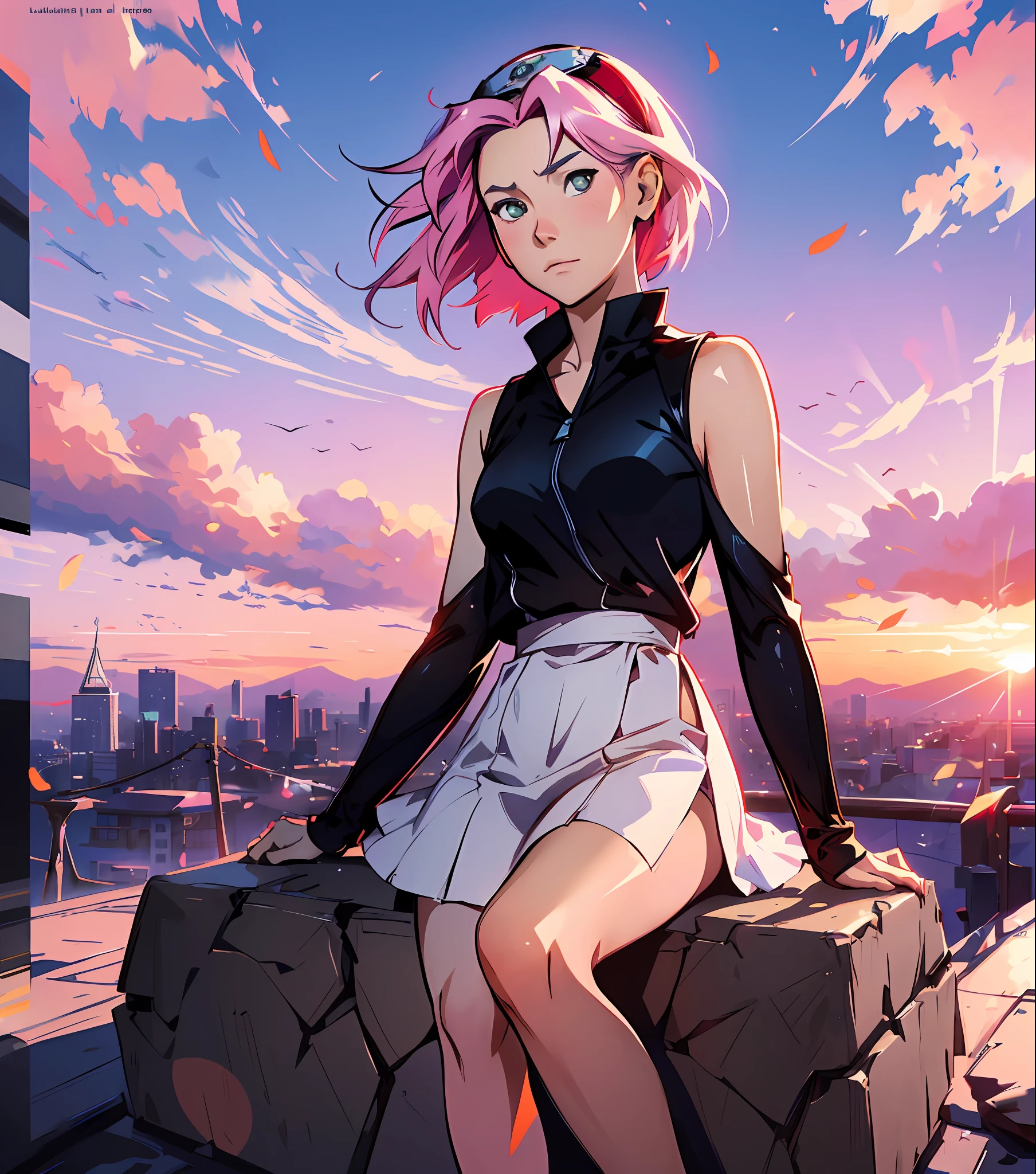 Sakura haruno, ((forehead the show)), solo, skinny,((beautiful)) charming, contemplating the sunset, attractive, wearing a red blouse and a white skirt, pink hair, delicate, young, SHORT hair, detailed face, austere image, (((full body)), looking at the viewer, bandana on the head, trend in art by rhads, andreas rocha, rossdraws, makoto shinkai, laurie greasley, lois van baarle, Ilya Kuvshinov and Greg Rutkowski