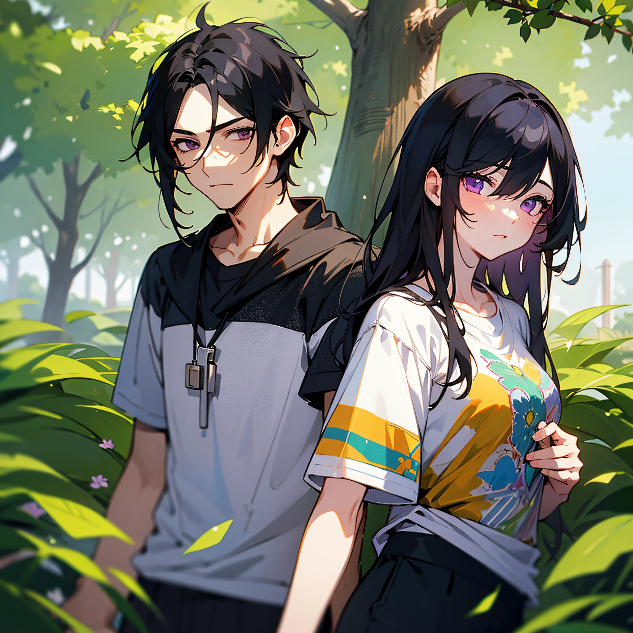 Masterpiece, best quality, {best quality}, {{masterpiece}}, {highres}, {{{field field}}, extremely detailed couple, illustration, couple, 1boy, 1girl, couple, love, romantic, sharp focus, male focus, female focus, black hair, violet eyes, sun, sunlight, lifting, surprised, envy, t-shirts, men's leisure clothes, expressionless, women's fashion, dungeon, adventurer --auto --s2