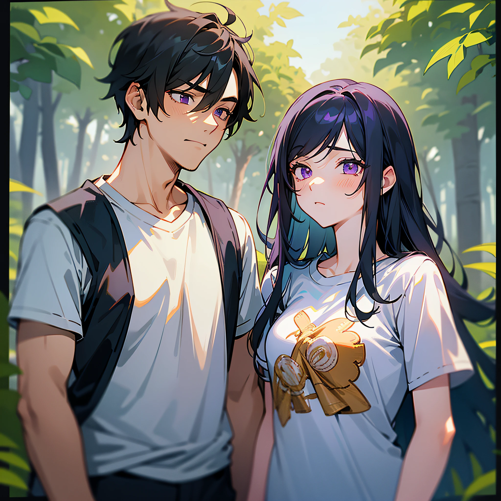 Masterpiece, best quality, {best quality}, {{masterpiece}}, {highres}, {{{field field}}, extremely detailed couple, illustration, couple, 1boy, 1girl, couple, love, romantic, sharp focus, male focus, female focus, black hair, violet eyes, sun, sunlight, lifting, surprised, envy, t-shirts, men's leisure clothes, expressionless, women's fashion, dungeon, adventurer --auto --s2