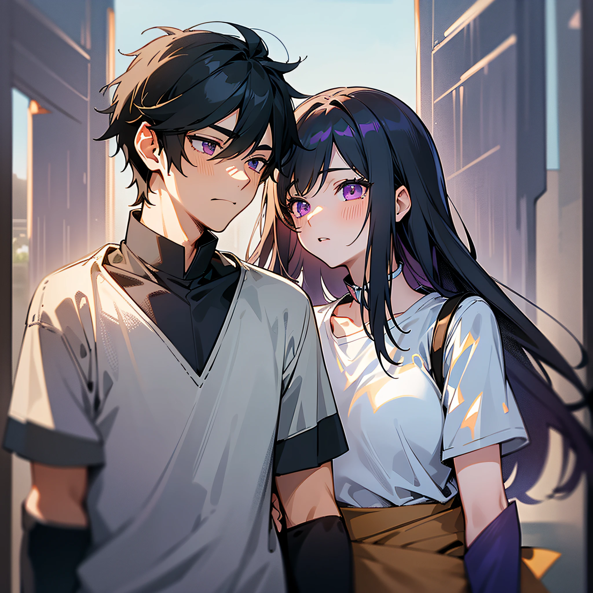 Masterpiece, best quality, {best quality}, {{masterpiece}}, {highres}, {{{field field}}, extremely detailed couple, illustration, couple, 1boy, 1girl, couple, love, romantic, sharp focus, male focus, female focus, black hair, violet eyes, sun, sunlight, lifting, surprised, envy, t-shirts, men's leisure clothes, expressionless, women's fashion, dungeon, adventurer --auto --s2