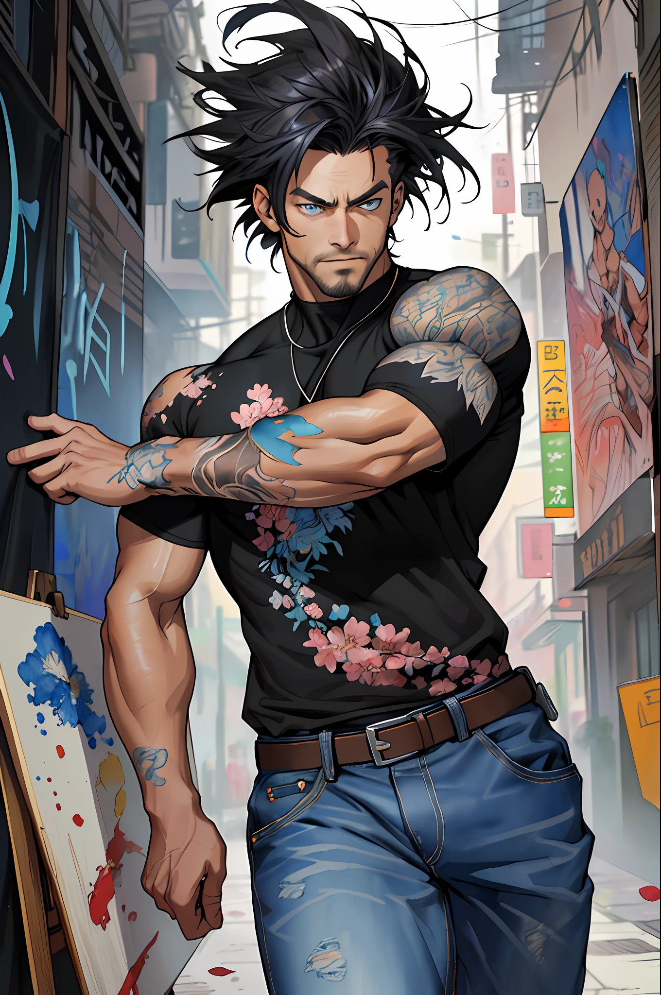 Adriana Lima man, detailed painting 4k, :: comix style by joe madureira :: beautiful, perfect and detailed, ultra detailed black shirt with floral design, in various full-body attack poses and with immersive effects, hover effect, graphite style background with vibrant colors "ultra hdr" detailed and with focus effect, (masterpiece: 1.2, best quality), (finely detailed beautiful eyes: 1.2),,long, straight hair and dark yellow degrade ,with a natural glow ((Solo)), (Blue eyes:1.4), (Finely detailed eyes and detailed face:1.3),), (With ultra detailed jeans and a black shirt with ultra detailed tribal tatoom print throughout:1.3), (Beautiful and clear background:1.2), (Extremely detailed CG, Ultra-detailed, Best Shadow:1.1),("" character demonstrating his super power in the fist"")((Depth of field and blur)), ((Watercolor)), Very large breasts, Bare shoulders, Flowers and petals, Beautiful conceptual illustration , (white background:0.5), (Illustration :1.1), (extremely fine and beautiful: 1.1), (perfect details: 1.1) graffiti style background, freedom, soul, digital illustration, perfect anatomy, centered, approaching perfection, dynamic, highly detailed, watercolor painting, artstation, conceptual art, smooth, sharp focus, illustration, art by flesh Griffiths and Wadim Kashin, heterochromia, perfect anatomy, centered, approaching perfection, dynamic, highly detailed, character sheet, artstation, concept art, smooth, sharp focus, illustration, art by Kim Jung Gi,, Artgerm, Carne Griffiths and Wadim Kashin, Sasha Yakovleva, Loish, Jeremy Mann, Full Body Shot, Character Sheet, Lightning Wave, Beautiful Anime Watercolor Painting, Paint Dripping by Tim Okamura, Victor Nizovtsev, Greg Rutkowski, Noah Bradley. trend in artstation, 8k, masterpiece, graffiti ink, fine detail, full of color, intricate detail, sharp focus, illustration, art by David Finch and Alphonse Mucha, uhd,