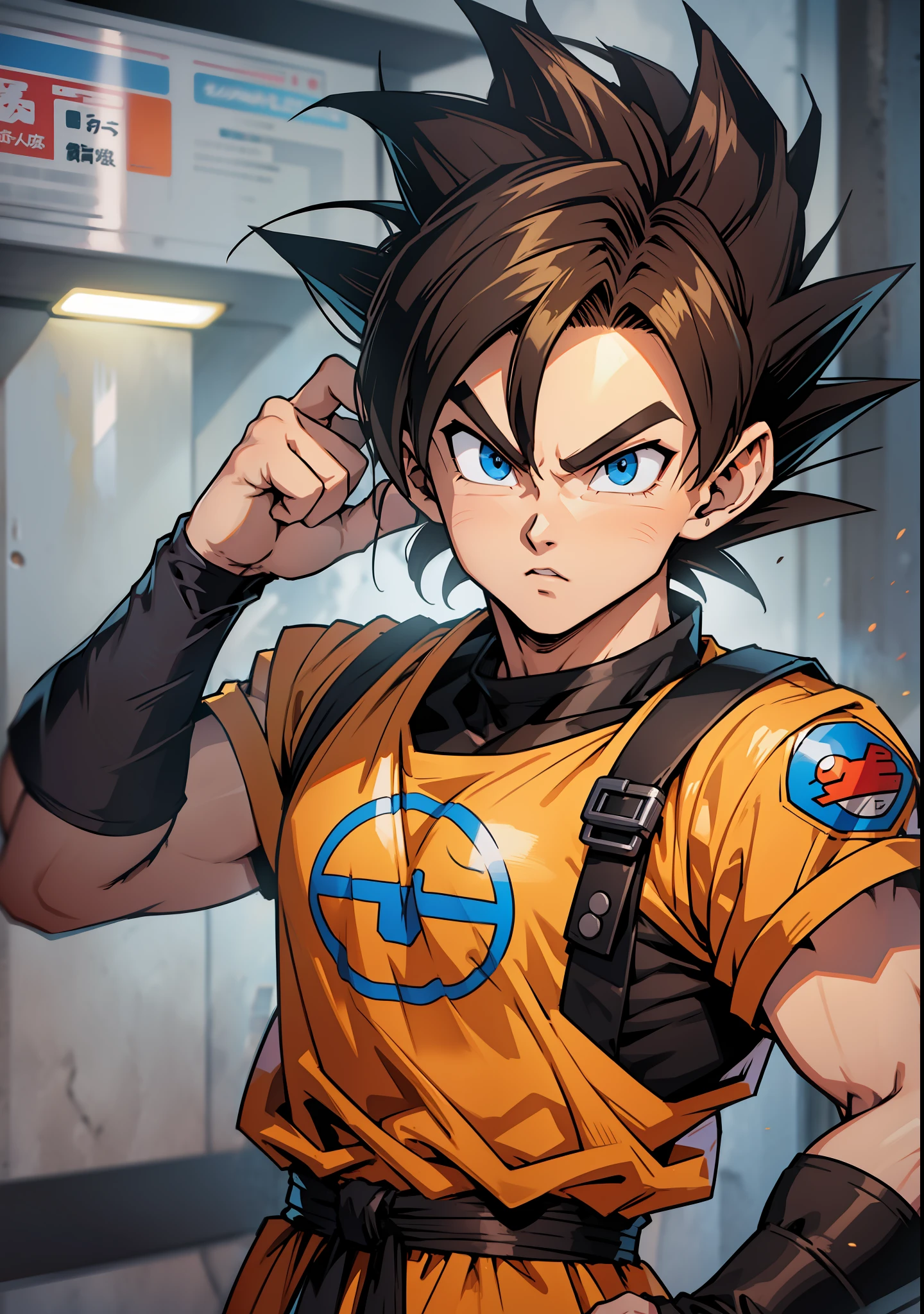 SUPER SAIYJIN MAN, HIGH BROWN HAIR, FUTURISTIC DBZM DRAGON BALL OUTFIT, AURA SERIA, DRAGON BALL, FIGHTING, BLACK CLOTHES WITH GRAY