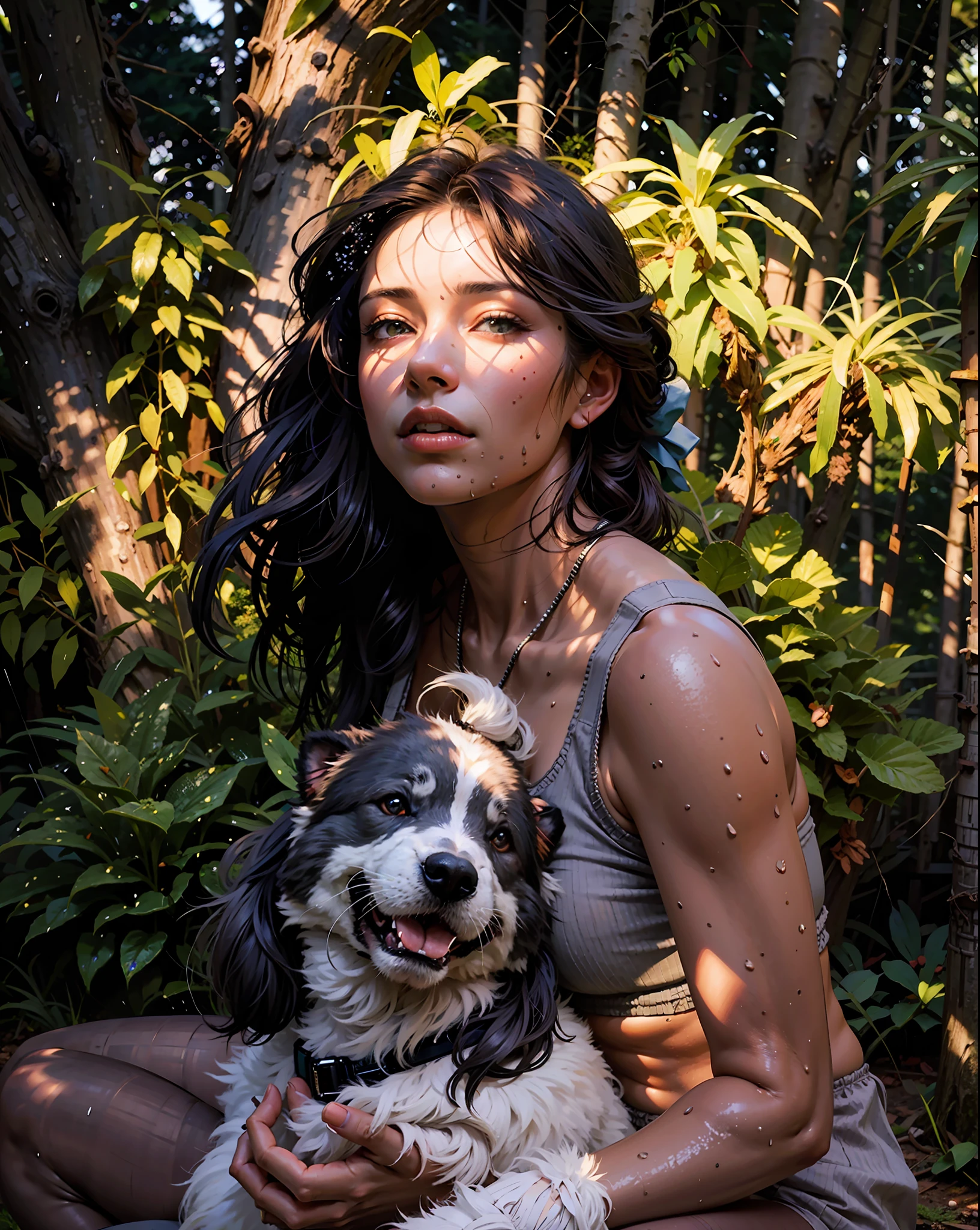 a hyper-realistic portrait of a young woman, half asleep, (face with dimples), under a tree, inside a forest, lots of rain, in the middle of nature, 22 years old, [[dimples]], realistic, (lying on her side), she is wearing a red panties, (wearing a garter belt and black pantyhose), sexy, (huge breasts 2:1), torn, (all torn), wet clothing, short brown hair, (hair tied with bows), curved, SFW