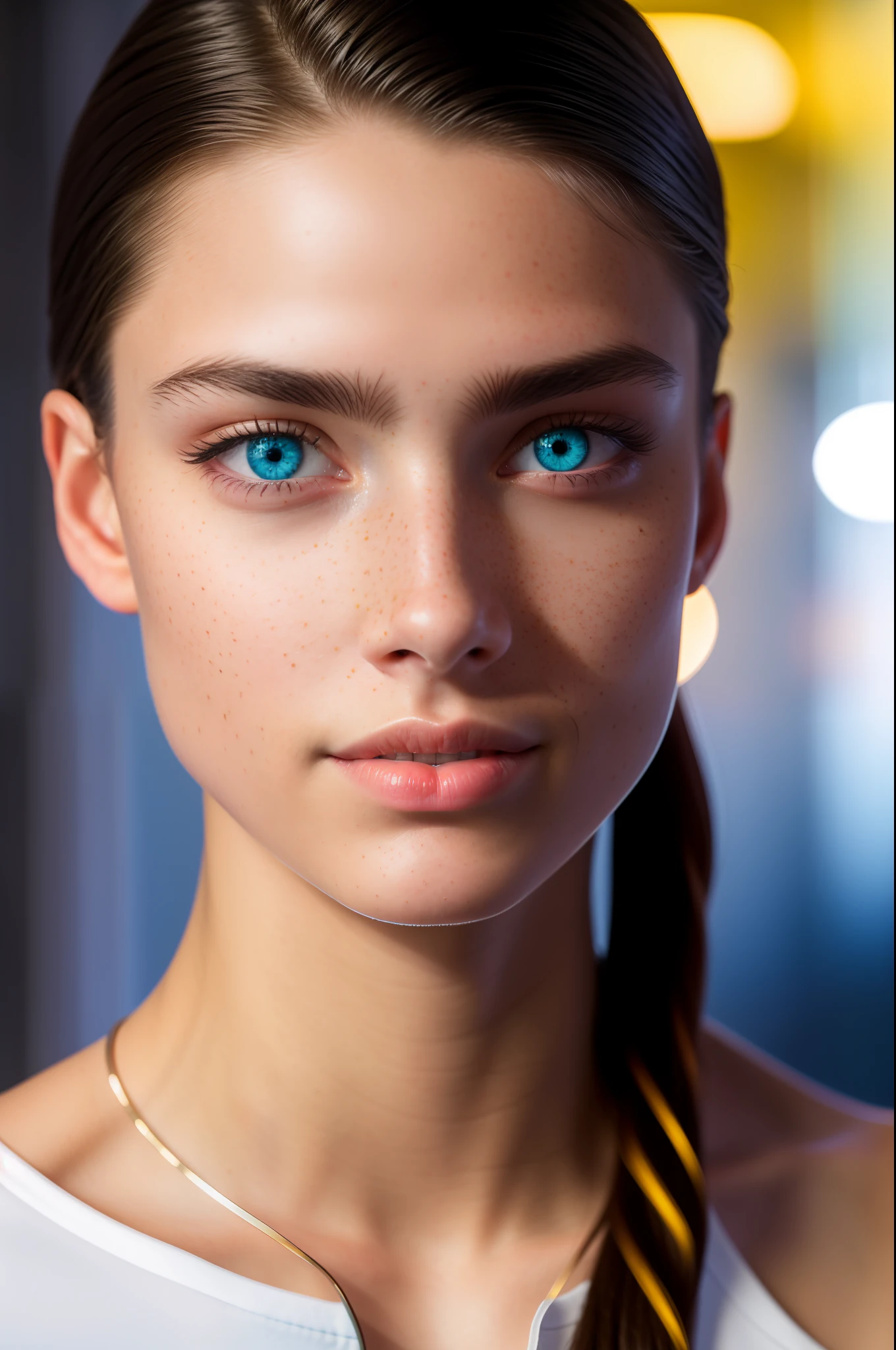 model photo, cinematic photo, skinny freckles teen, full body, standing, full body, (black eyes: 1.3), nice hair, (no shirt), soft natural light, ((at the gym)), ((masterpiece)),(best quality),(high resolution),Highly detailed RAW color photo,extremely detailed,photorealistic,realistic,incredibly absurd,highly detailed,sharp focus ,, (Professional Studio Lighting), (Professional Color Grading), Edge Lighting, Dramatic Lighting, Cinematic Lighting, Lumen Reflections, Soft Natural Lighting, Soft Color, Photon Mapping, Radiosity, (Beautiful Eyes), (Detailed Eyes), (Face detailed), symmetrical eyes, sharp eyes, cool face, full body