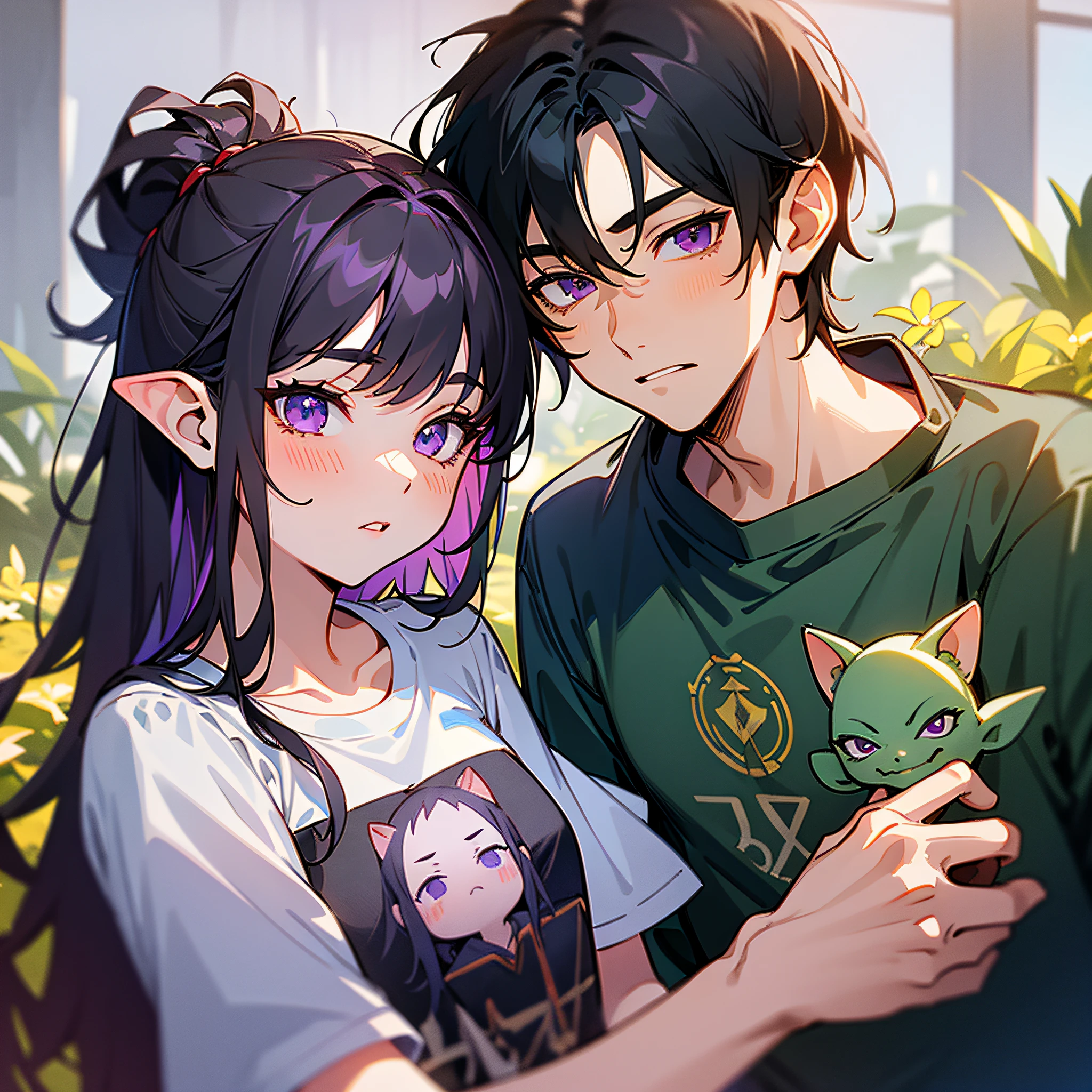 masterpiece, best quality, {best quality}, {{masterpiece}}, {highres}, {{{field field}}, extremely detailed couple, illustration, couple, 1boy, 1girl, couple, love, love, romantic, sharp focus, male focus, female focus, black hair, violet eyes, sun, sunlight, lifting, surprised, envy, t-shirts, men's leisure clothes, expressionless, women's fashion, dungeon, adventurer, goblin --auto --s2