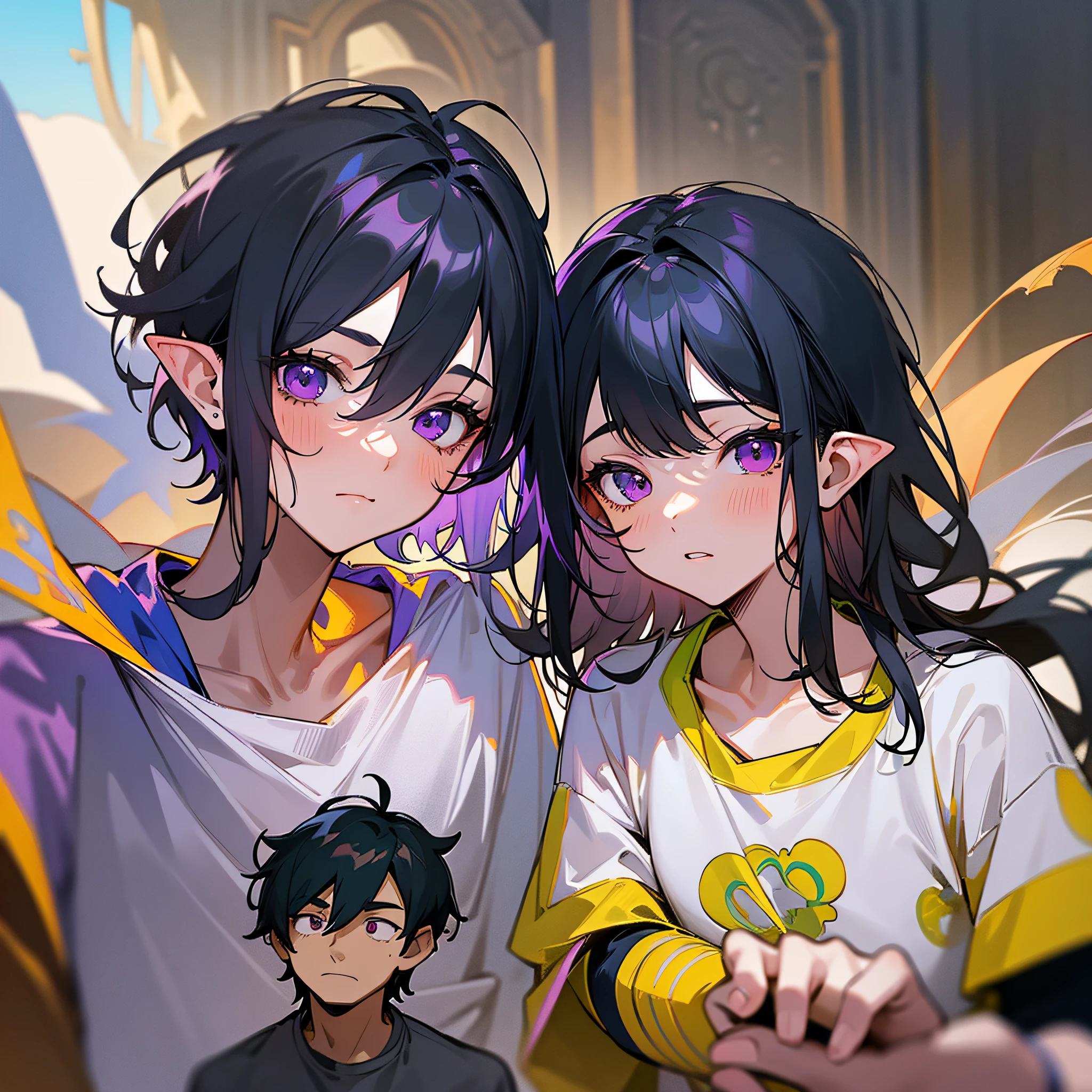 masterpiece, best quality, {best quality}, {{masterpiece}}, {highres}, {{{field field}}, extremely detailed couple, illustration, couple, 1boy, 1girl, couple, love, love, romantic, sharp focus, male focus, female focus, black hair, violet eyes, sun, sunlight, lifting, surprised, envy, t-shirts, men's leisure clothes, expressionless, women's fashion, dungeon, adventurer, goblin --auto --s2
