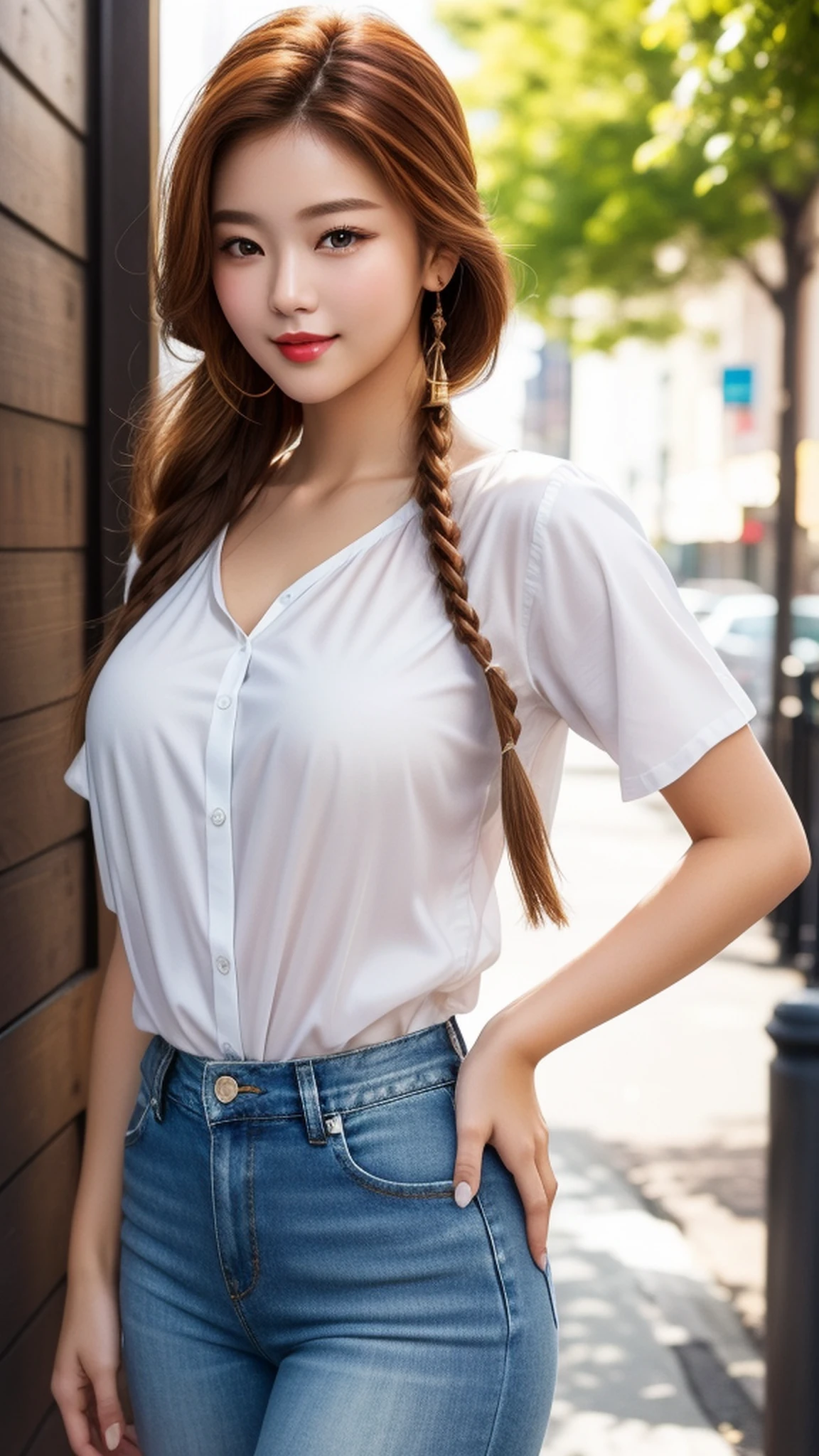 (masterpiece:1.4), (8k, photorealistic, RAW photo, best quality: 1.4), korean girl, (1girl), beautiful face, (realistic face:1.4), (caramel hair color, long hair:1.3), beautiful hairstyle, braided ponytail, realistic eyes, beautiful detailed eyes, (realistic skin:1.3), beautiful skin, attractive, ultra high res, ultra realistic, highly detailed, golden ratio, (detailed face:1.4), looking at viewer, opened white shirt, realistic big breasts, standing, hand on hip, transparent shirt, (braless:1.4), perky_nipples, short blue jeans, shorts, city street, cute smiling, red lips,