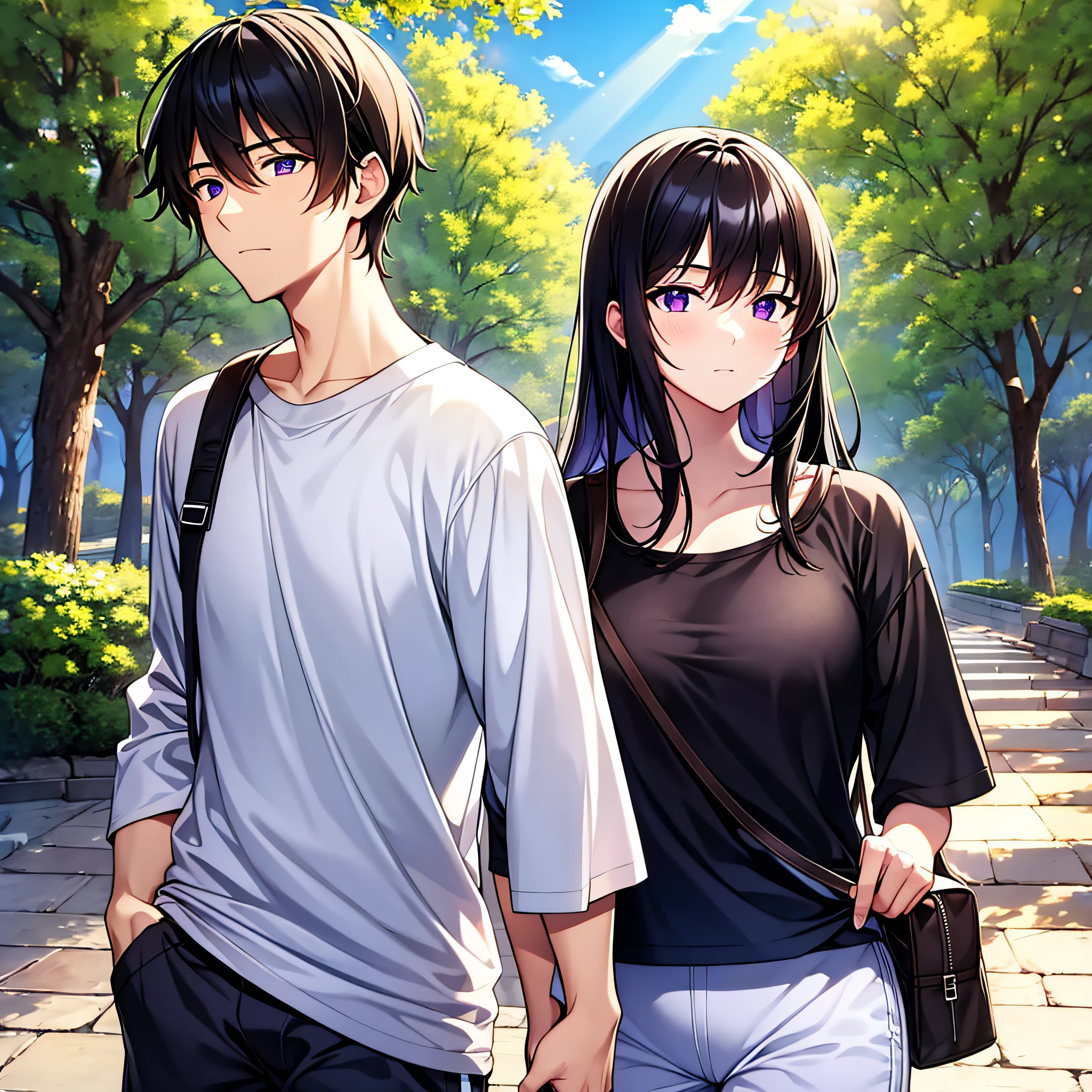 Masterpiece, best quality, {best quality}, {{masterpiece}}, {highres}, {{{field field}}, extremely detailed couple, illustration, couple, 1boy, 1girl, couple, love, love, romantic, sharp focus, male focus, female focus, black hair, violet eyes, sun, sunlight, lifting, t-shirts, men's leisure clothes, expressionless, women's fashion, castle, adventurer --auto --s2