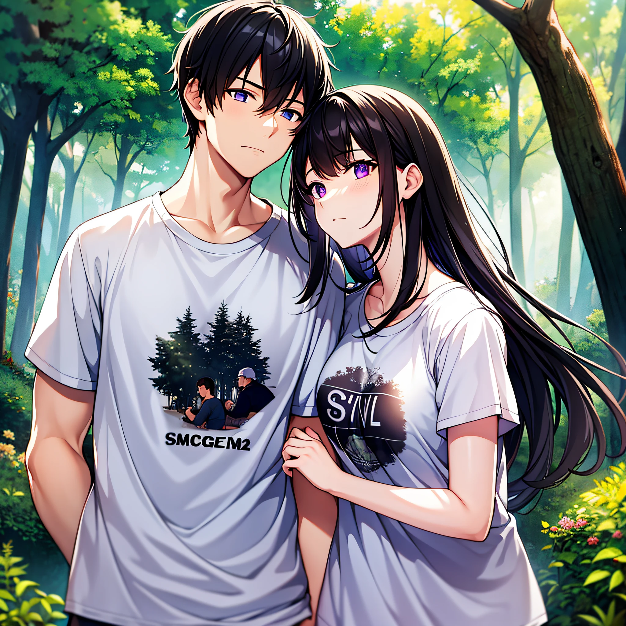 Masterpiece, best quality, {best quality}, {{masterpiece}}, {highres}, {{{field field}}, extremely detailed couple, illustration, couple, 1boy, 1girl, couple, love, love, romantic, sharp focus, male focus, female focus, black hair, violet eyes, sun, sunlight, lifting, t-shirts, men's leisure clothes, expressionless, women's fashion, forest, adventurer --auto --s2