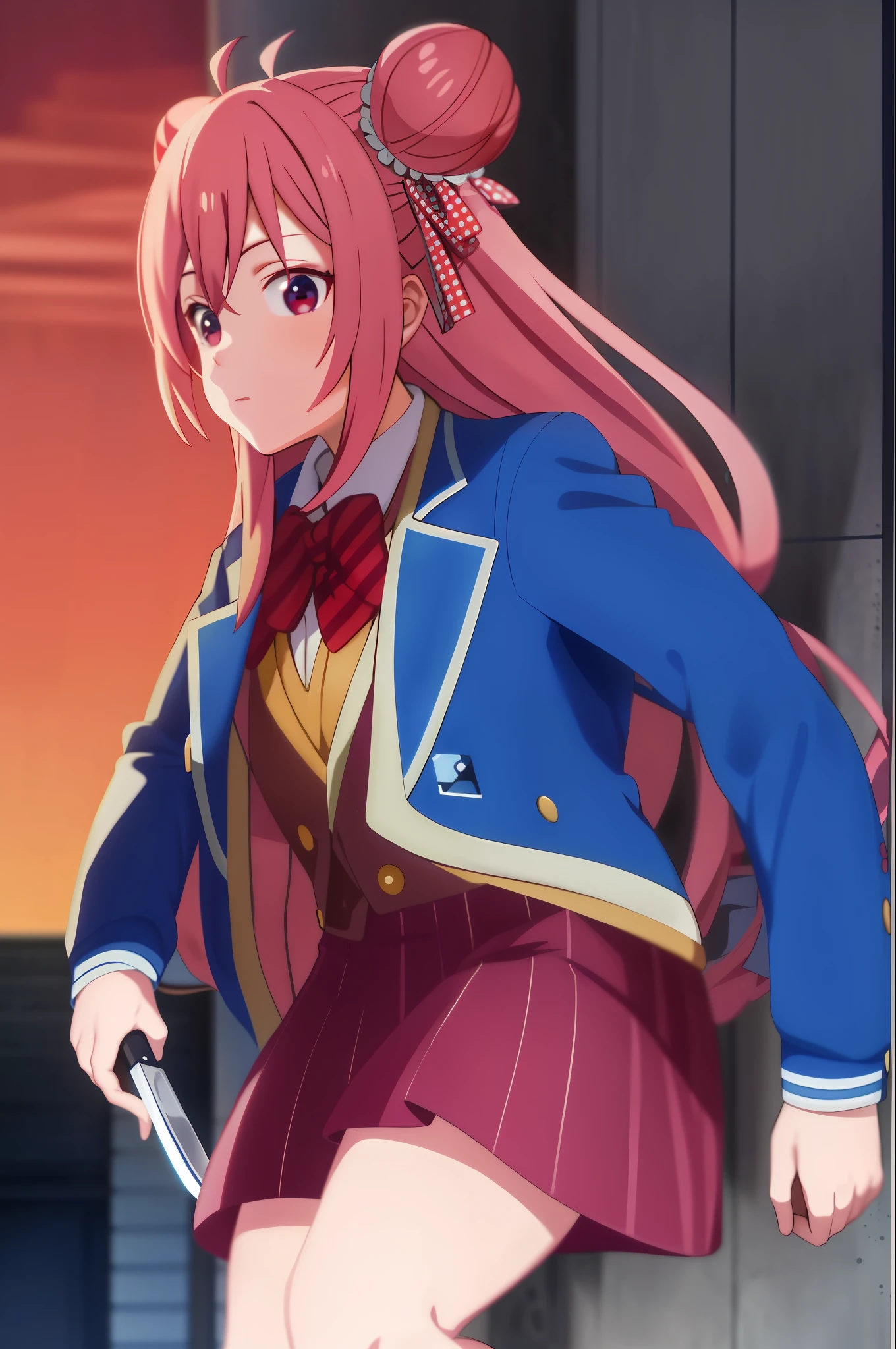 satou, buns, hair ribbon, blue jacket costume,  a girl dressed in a blue jacket, official costume, open jacket, brown vest,red sky,red atmosfer,blood all over place,holding a knife