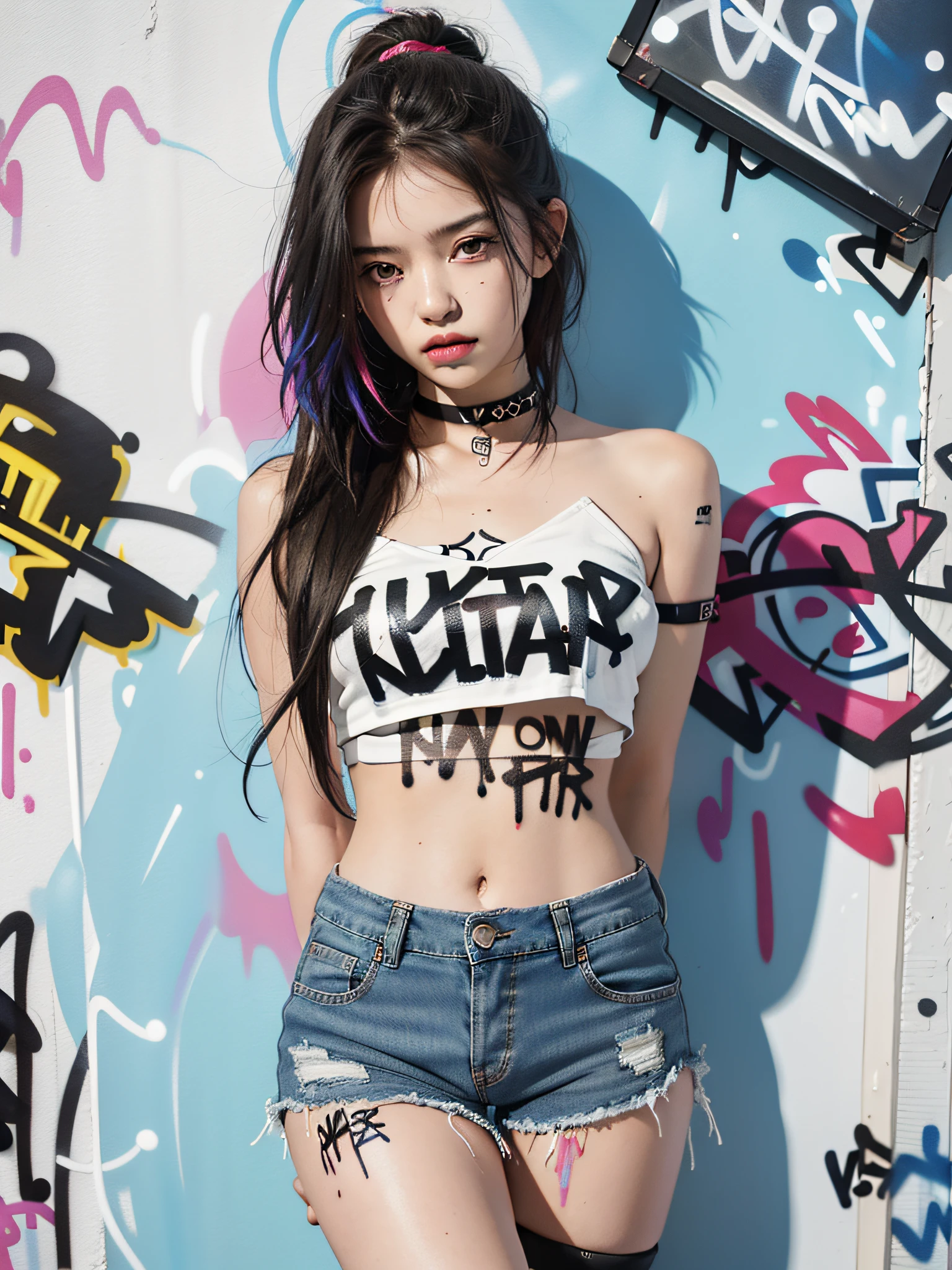 absurdres, best quality,1girl, solo, streaked hair, crop top, denim shorts, choker, (graffiti:1.5), paint splatter, arms behind back, (slouching), leaning back, against wall, (leaning to the side:0.25), looking at viewer, armband, thigh strap, streaked hair, paint on body, upturned eyes, head down, head tilt, (from side:0.75), bored, (expressionless:0.75)