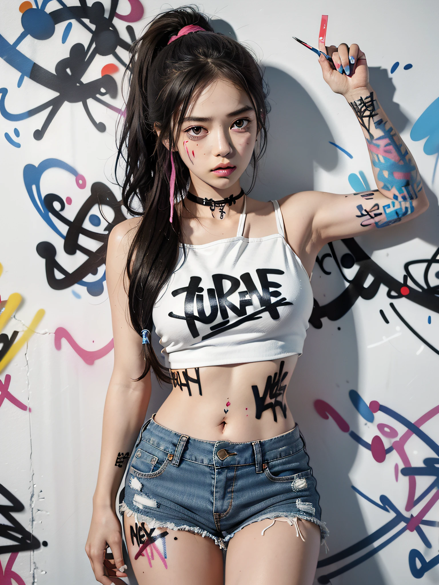 absurdres, best quality,1girl, solo, streaked hair, crop top, denim shorts, choker, (graffiti:1.5), paint splatter, arms behind back, (slouching), leaning back, against wall, (leaning to the side:0.25), looking at viewer, armband, thigh strap, streaked hair, paint on body, upturned eyes, head down, head tilt, (from side:0.75), bored, (expressionless:0.75)