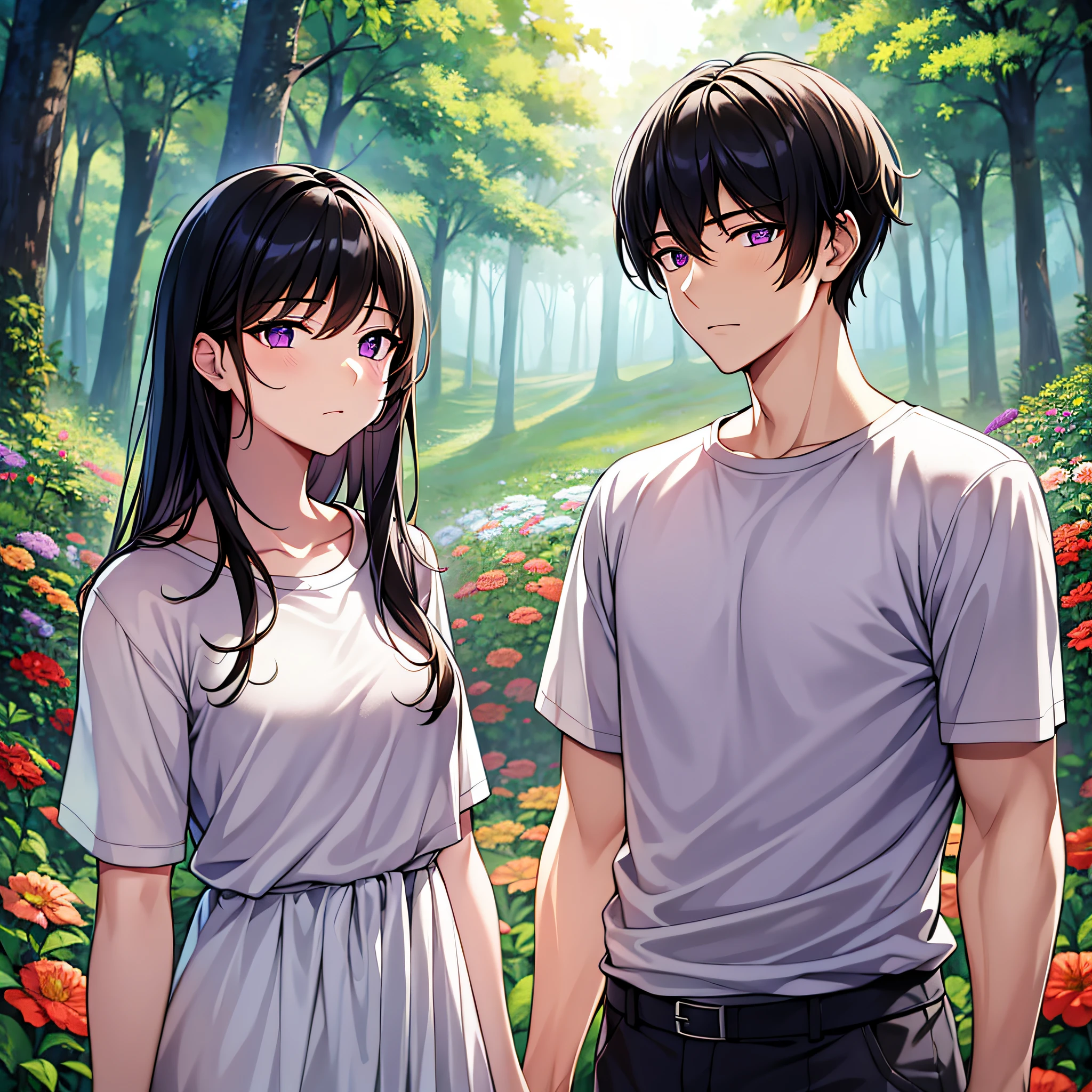 Masterpiece, best quality, {best quality}, {{masterpiece}}, {highres}, {{{field field}}, extremely detailed couple, illustration, couple, 1boy, 1girl, couple, love, love, romantic, sharp focus, male focus, female focus, black hair, violet eyes, sun, sunlight, lifting, t-shirts, men's leisure clothes, expressionless, women's fashion, forest, flowers, statement --auto --s2