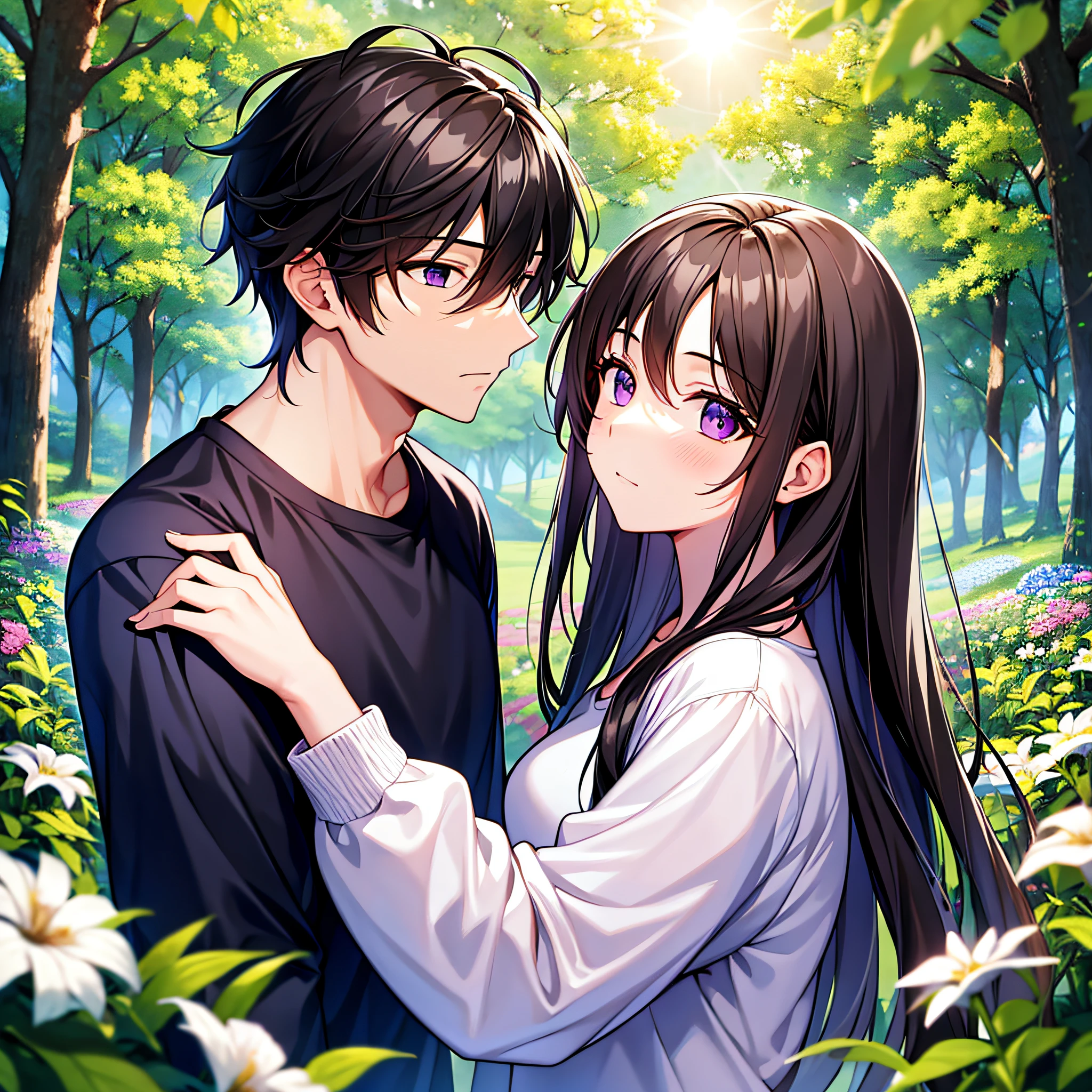 Masterpiece, best quality, {best quality}, {{masterpiece}}, {highres}, {{{field field}}, extremely detailed couple, illustration, couple, 1boy, 1girl, couple, love, love, romantic, sharp focus, male focus, female focus, black hair, violet eyes, sun, sunlight, lifting, t-shirts, men's leisure clothes, expressionless, women's fashion, forest, flowers, statement --auto --s2