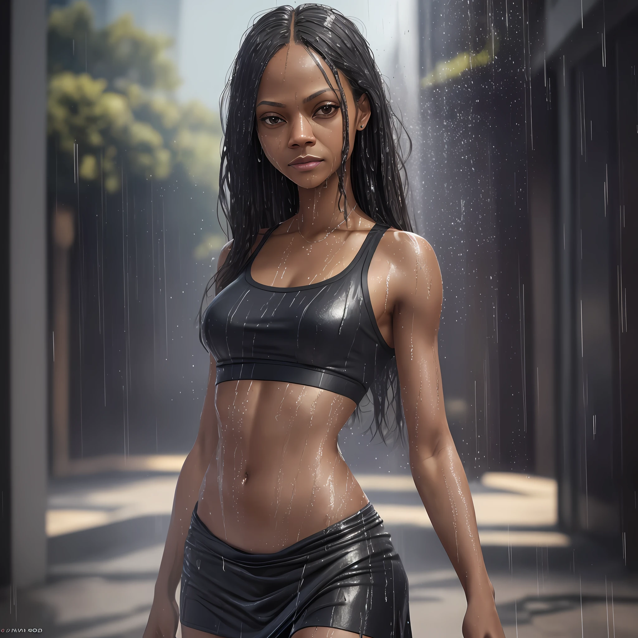 (Zoe Saldana: 4.0), (black croptop: 1.2), (skirt:1.2), (wet hair: 1.5), (wet:1.5), (soaked: 1.5), rain, (wet clothes:1.5), (groin: 1.1), runs, (groin: 1.1), (focus on face: 1.1), collarbone, belly button, natural light, extremely detailed, 8yk, raw photo, high level of detail, (ray tracing), (masterpiece), (best quality), high resolution, (realistic: 1.8), physically based representation, ultra-realistic, full body --auto --s2