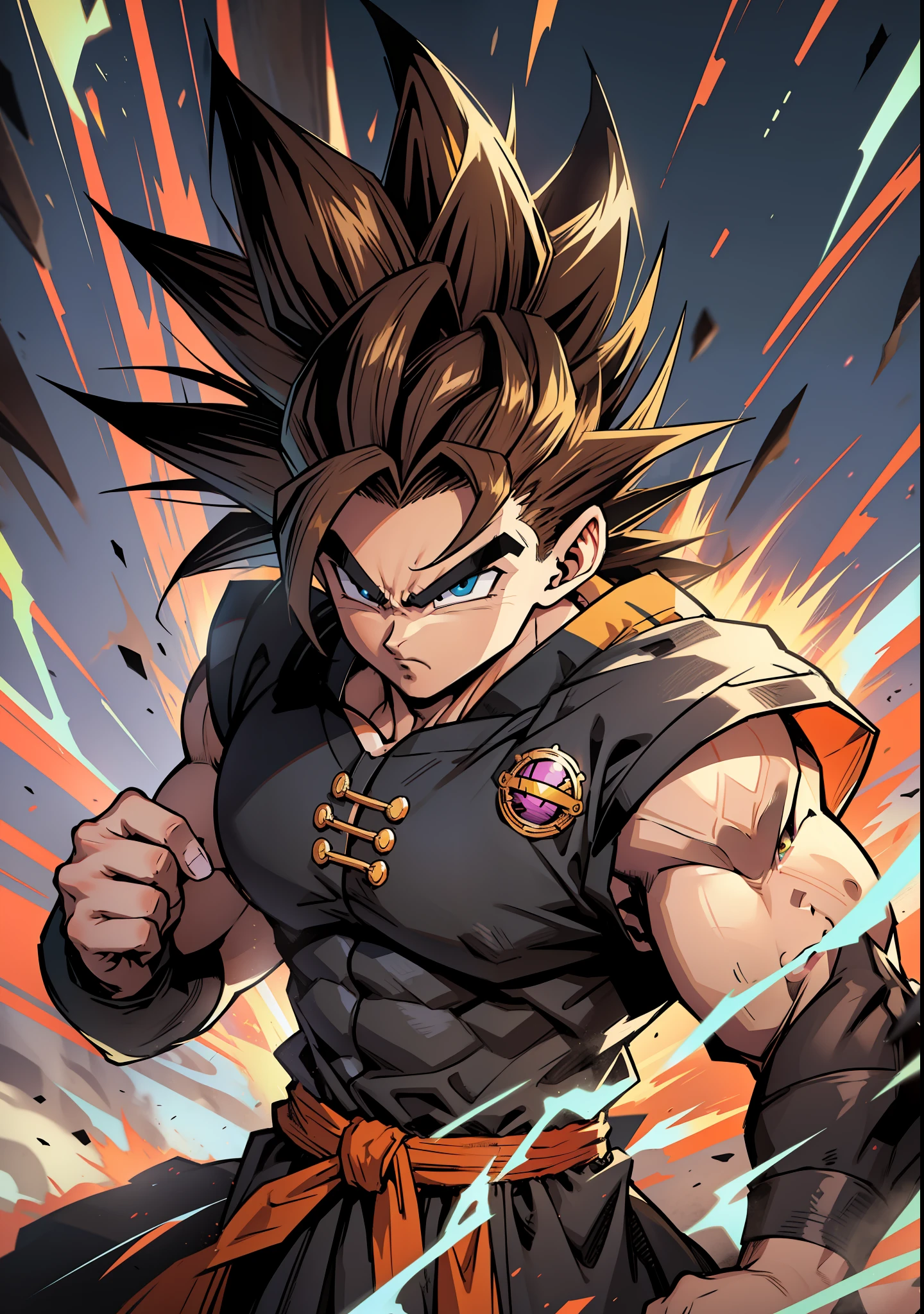 Supreme Super Saiyan, tall hair, brown hair, black and white clothing, clothing with blue lines, DBZM Dragon Ball, stunning aura, lots of action, black clothes with gray, lots of Ki energy, grass background