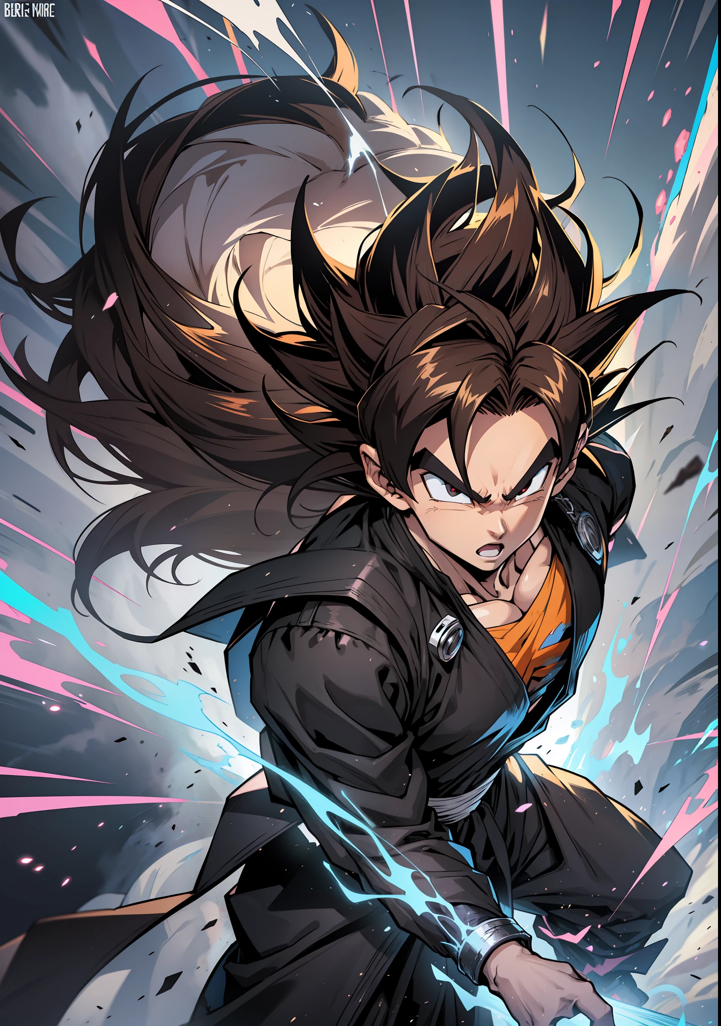 Supreme Super Saiyan, tall hair, brown hair, black and white clothing, clothing with blue lines, DBZM Dragon Ball, stunning aura, lots of action, black clothes with gray, lots of Ki energy, grass background