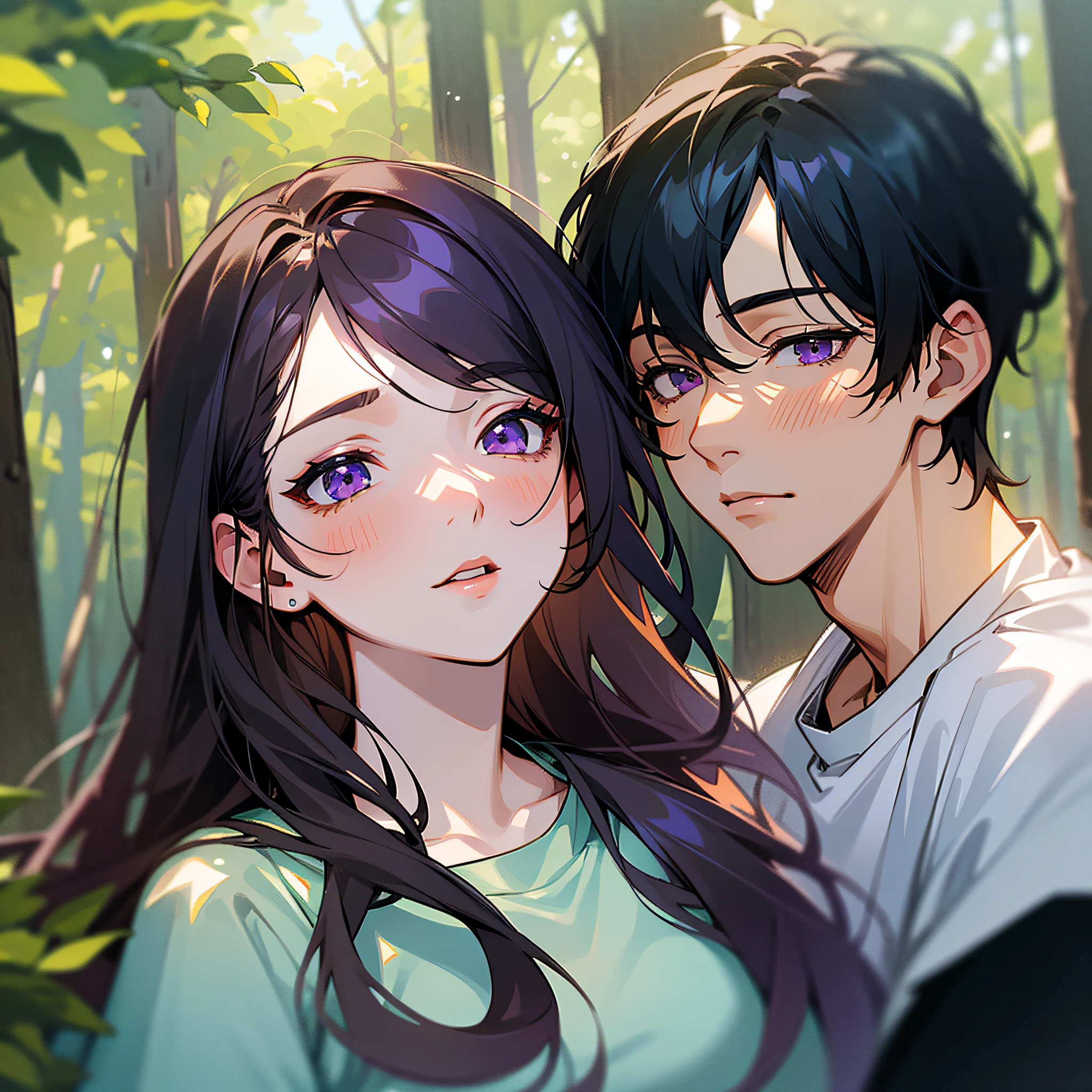Masterpiece, best quality, {best quality}, {{masterpiece}}, {highres}, {{{field field}}, extremely detailed couple, illustration, couple, 1boy, 1girl, couple, love, romantic, sharp focus, male focus, female focus, black hair, both long hair, violet eyes, sun, sunlight, lifting, t-shirts, men's leisure clothes, expressionless, women's fashion, forest, kiss, kisses --auto --s2