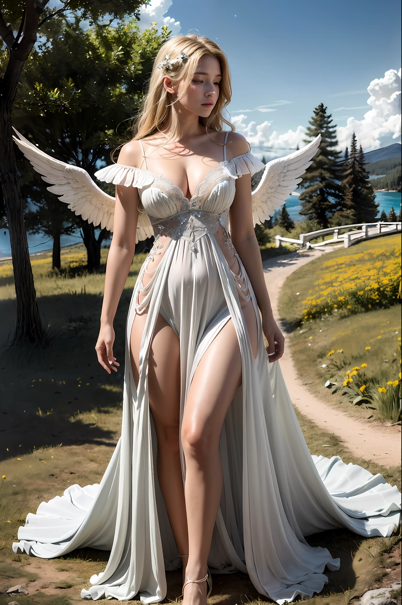 (realistic:1.3), finely detailed, quality, lighting rembrandt, (masterpiece:1.2), (photorealistic:1.2), (best quality), (detailed skin:1.3), (intricate details), dramatic, ray tracing, 1girl, white american girl, long curly blonde hair, 21 years, full breasts,angelic wings,white swinged dress, (Meadow, Sun, Clouds, sky, paradise, Starlight, Path trail)