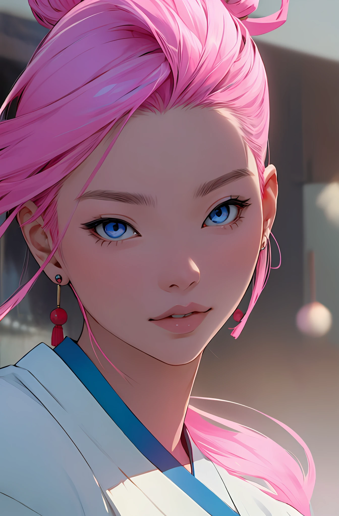 beautiful japanese woman,blue eyes,pink hair, wear earring,masterpiece,1girl
