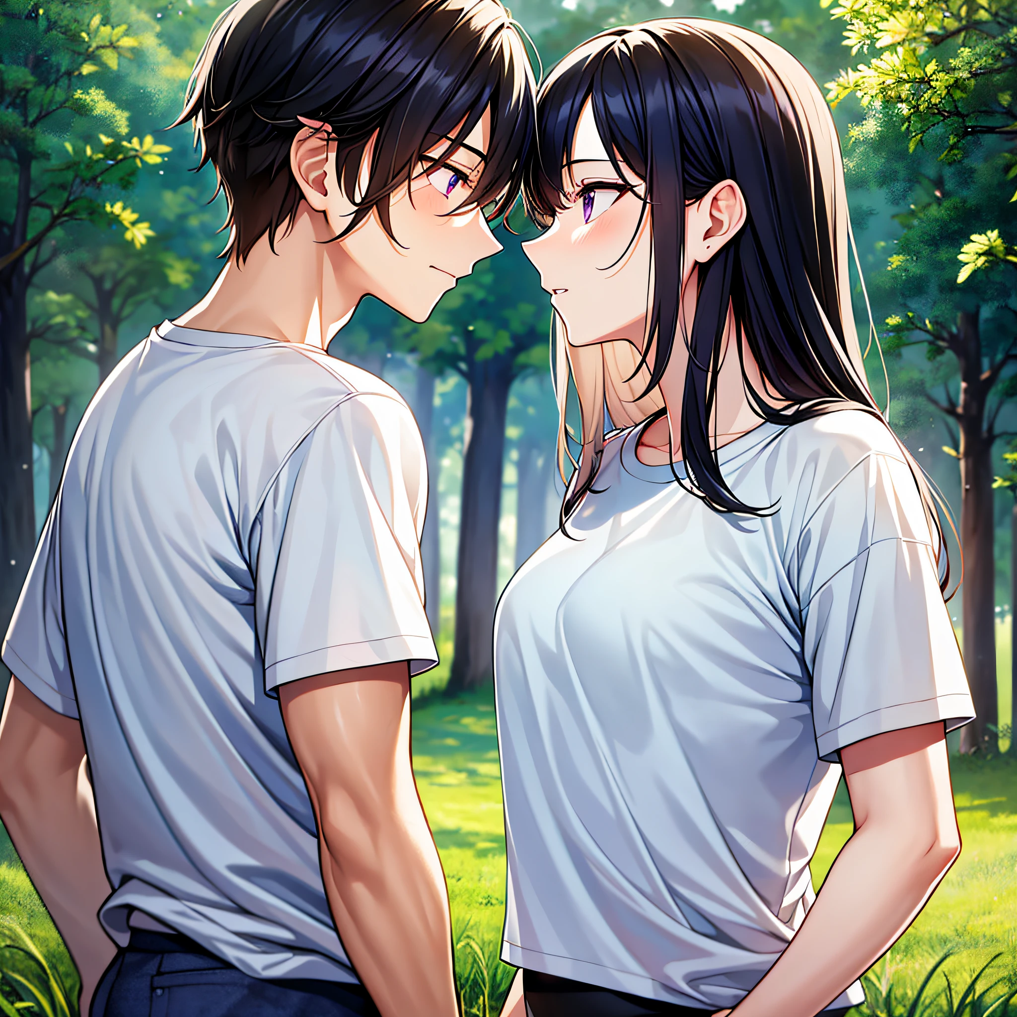 Masterpiece, best quality, {best quality}, {{masterpiece}}, {highres}, {{{field field}}, extremely detailed couple, illustration, couple, 1boy, 1girl, couple, love, love, romantic, sharp focus, male focus, female focus, black hair, violet eyes, sun, sunlight, lifting, t-shirts, men's leisure clothes, expressionless, women's fashion, forest, kiss, kisses, dawn --auto --s2