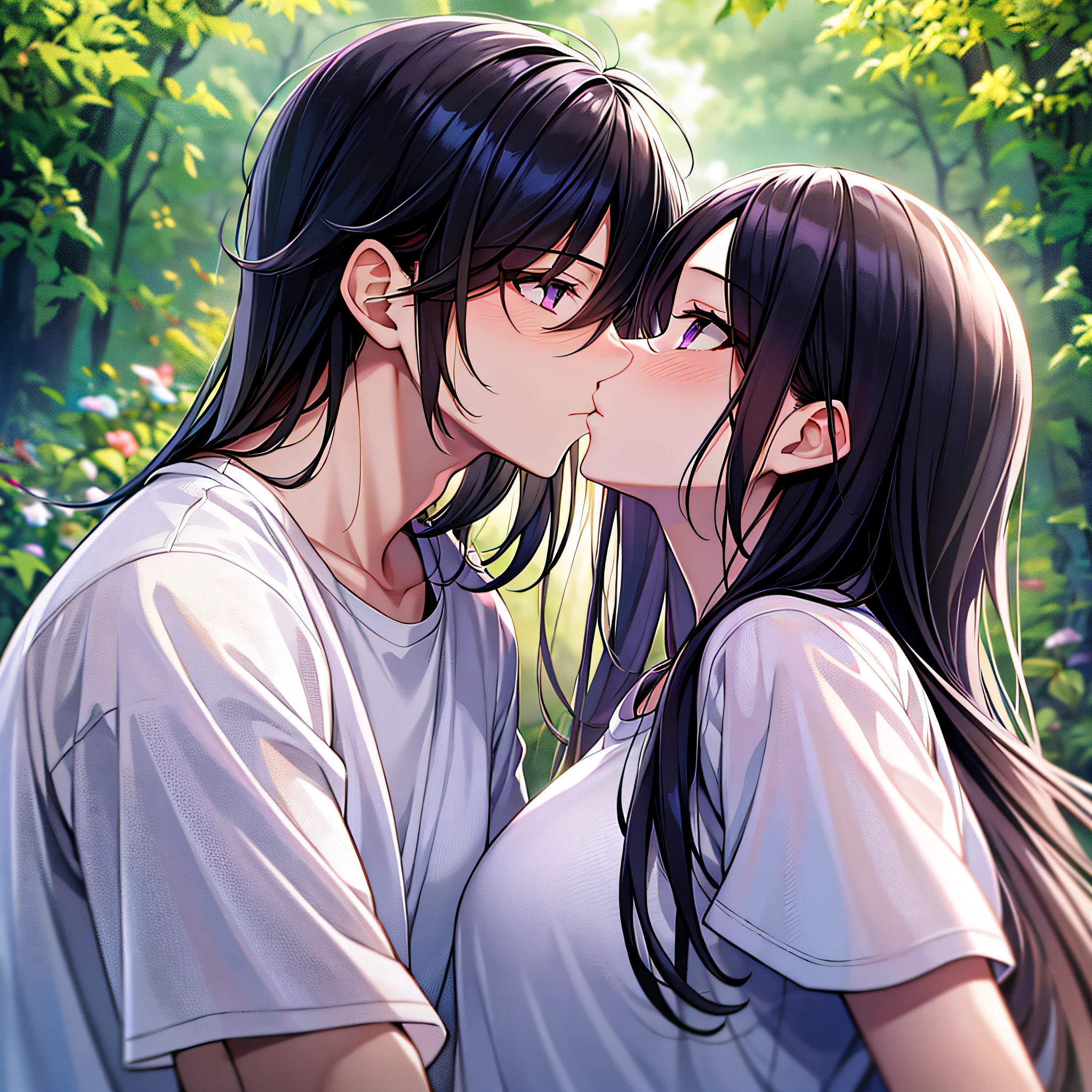 Masterpiece, best quality, {best quality}, {{masterpiece}}, {highres}, {{{field field}}, extremely detailed couple, illustration, couple, 1boy, 1girl, couple, love, love, romantic, sharp focus, male focus, female focus, black hair, violet eyes, sun, sunlight, lifting, t-shirts, men's leisure clothes, expressionless, women's fashion, forest, kiss, kisses, dawn --auto --s2