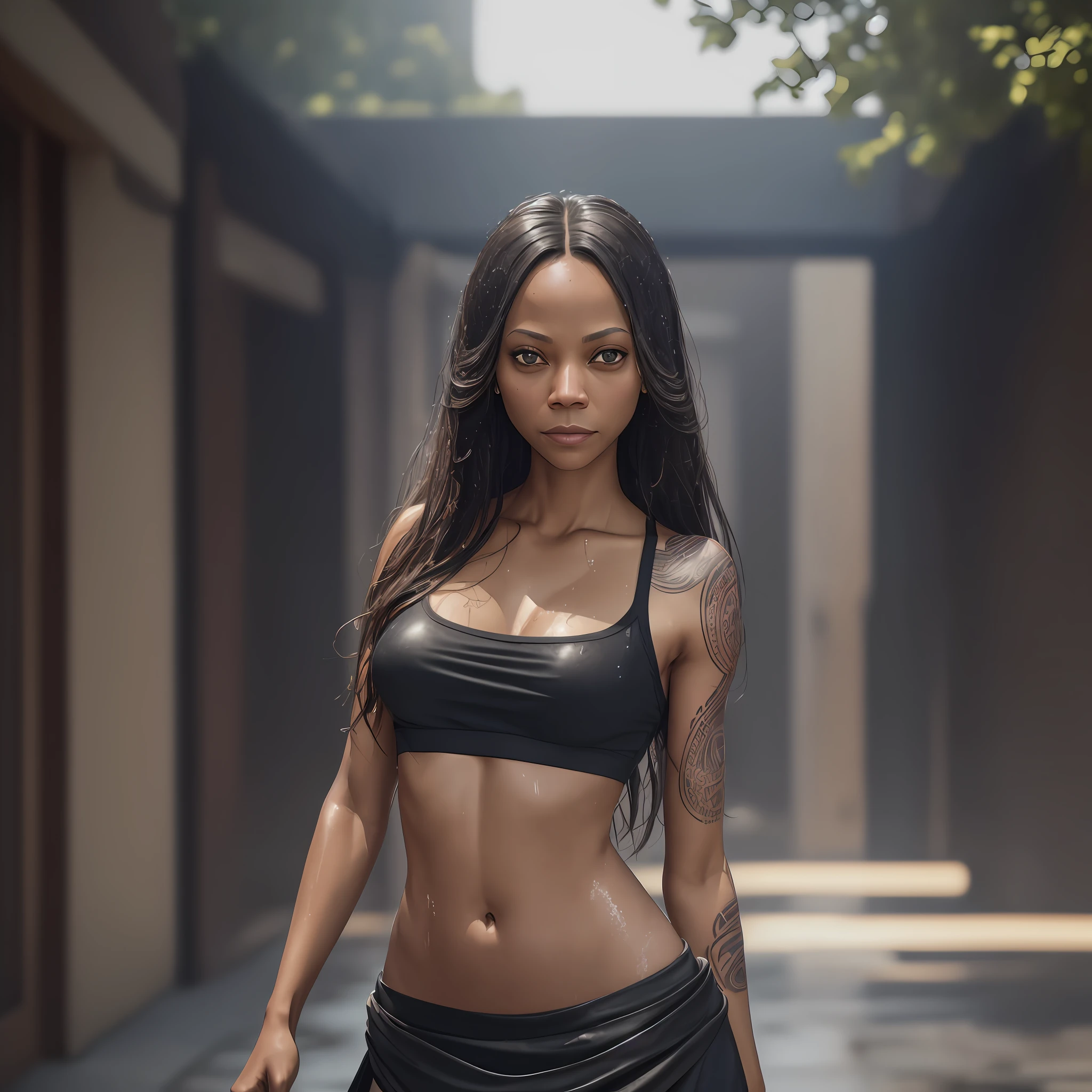 (Zoe Saldana: 4.0), (black croptop: 1.2), (skirt: 1.2), (round breasts), natural skin, tattoo, (wet hair: 1.5), (wet: 1.5), (soaked: 1.5), rain, (wet clothes: 1.5), (groin: 1.1), runs, (groin: 1.1), (focus on face: 1.1), collarbone, belly button, natural light, extremely detailed, 8yk, raw photo, high level of detail, (ray tracing), (masterpiece), (best quality), high resolution, (realistic: 1.8), physically based representation, ultra-realistic, full body --auto --s2