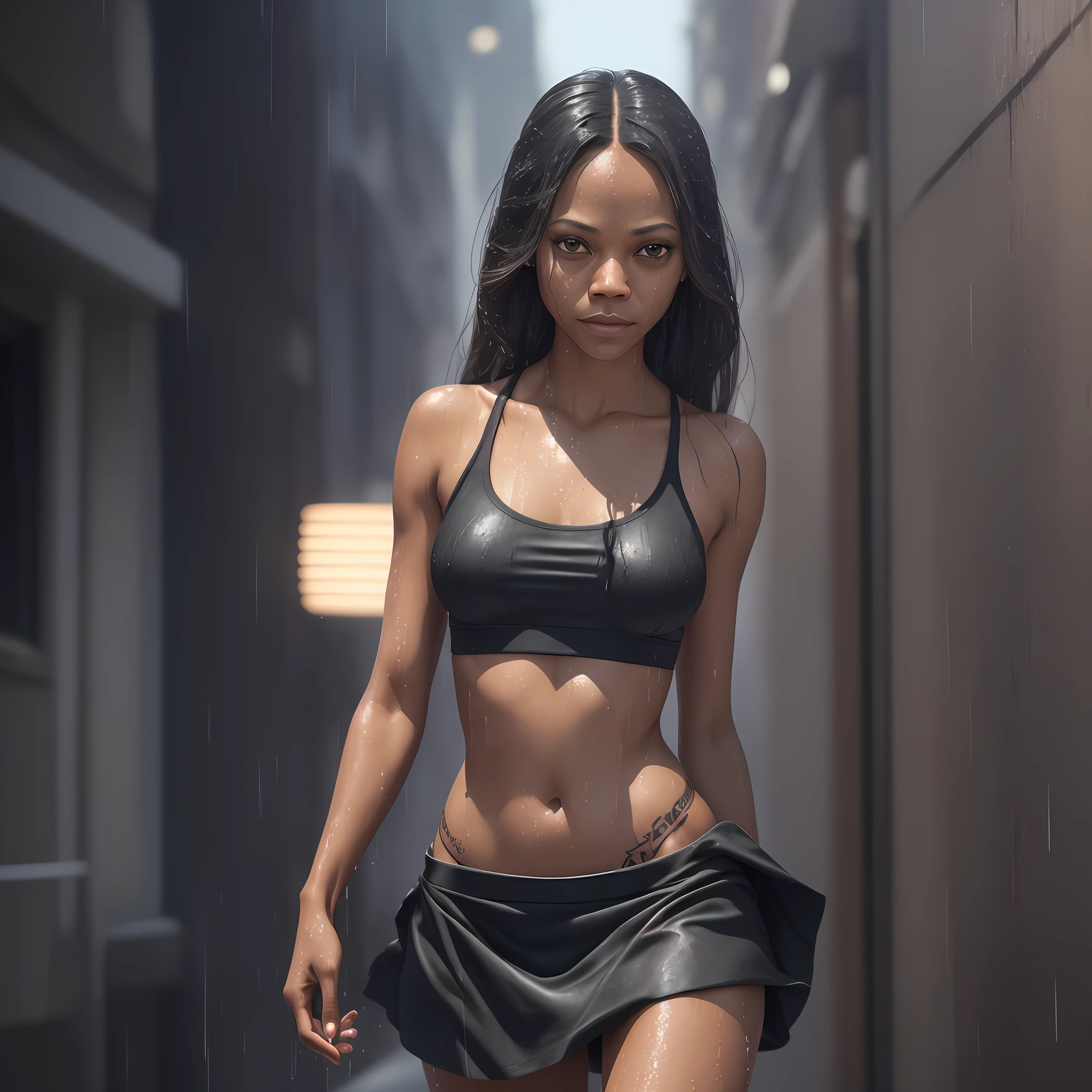 (Zoe Saldana: 4.0), (black croptop: 1.2), (skirt: 1.2), (round breasts), natural skin, tattoo, (wet hair: 1.5), (wet: 1.5), (soaked: 1.5), rain, (wet clothes: 1.5), (groin: 1.1), runs, (groin: 1.1), (focus on face: 1.1), collarbone, belly button, natural light, extremely detailed, 8yk, raw photo, high level of detail, (ray tracing), (masterpiece), (best quality), high resolution, (realistic: 1.8), physically based representation, ultra-realistic, full body --auto --s2