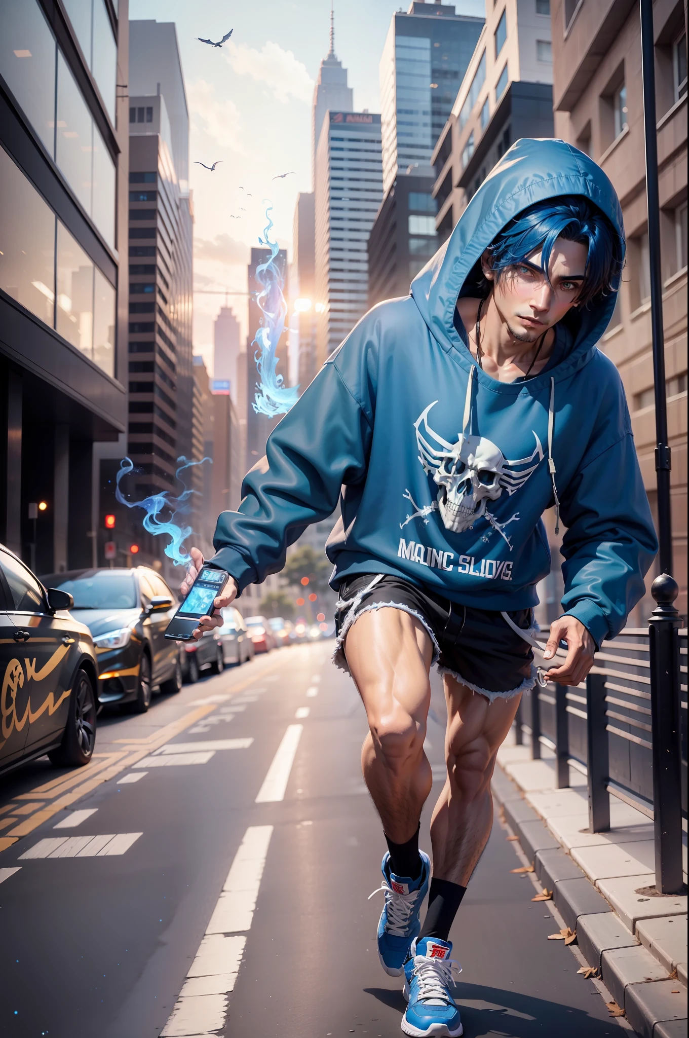 4k, realistic, very detailed, beautiful male skeleton, blue flame of magic burns in one eye socket, he is dressed in casual clothes, oversized sweatshirt, shorts, oversized clothes, full body, in Air Jordan shoes, dynamic pose, city