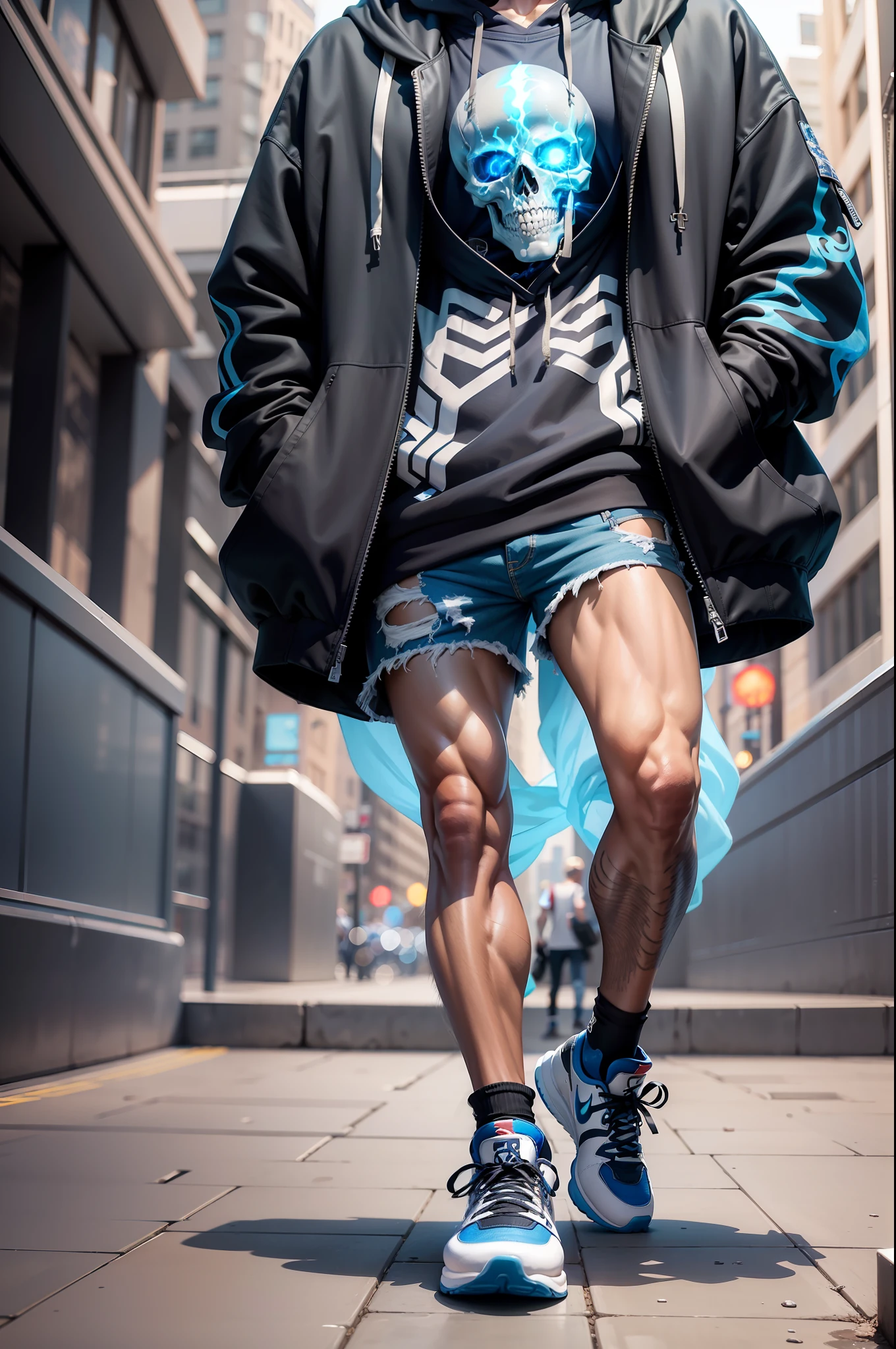 4k, realistic, very detailed, beautiful male skeleton, blue flame of magic burns in one eye socket, he is dressed in casual clothes, oversized sweatshirt, shorts, oversized clothes, full body, in Air Jordan shoes, dynamic pose, city