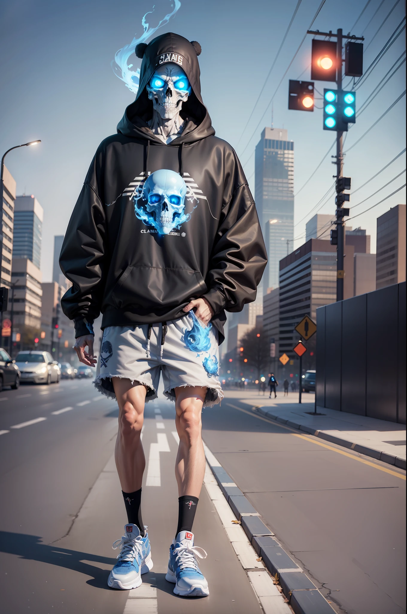 4k, realistic, very detailed, skeleton man, a blue flame of magic burns in one eye socket, he is dressed in casual clothes, oversized sweatshirt, shorts, oversized clothes, full body, in Air Jordan shoes, dynamic pose, city