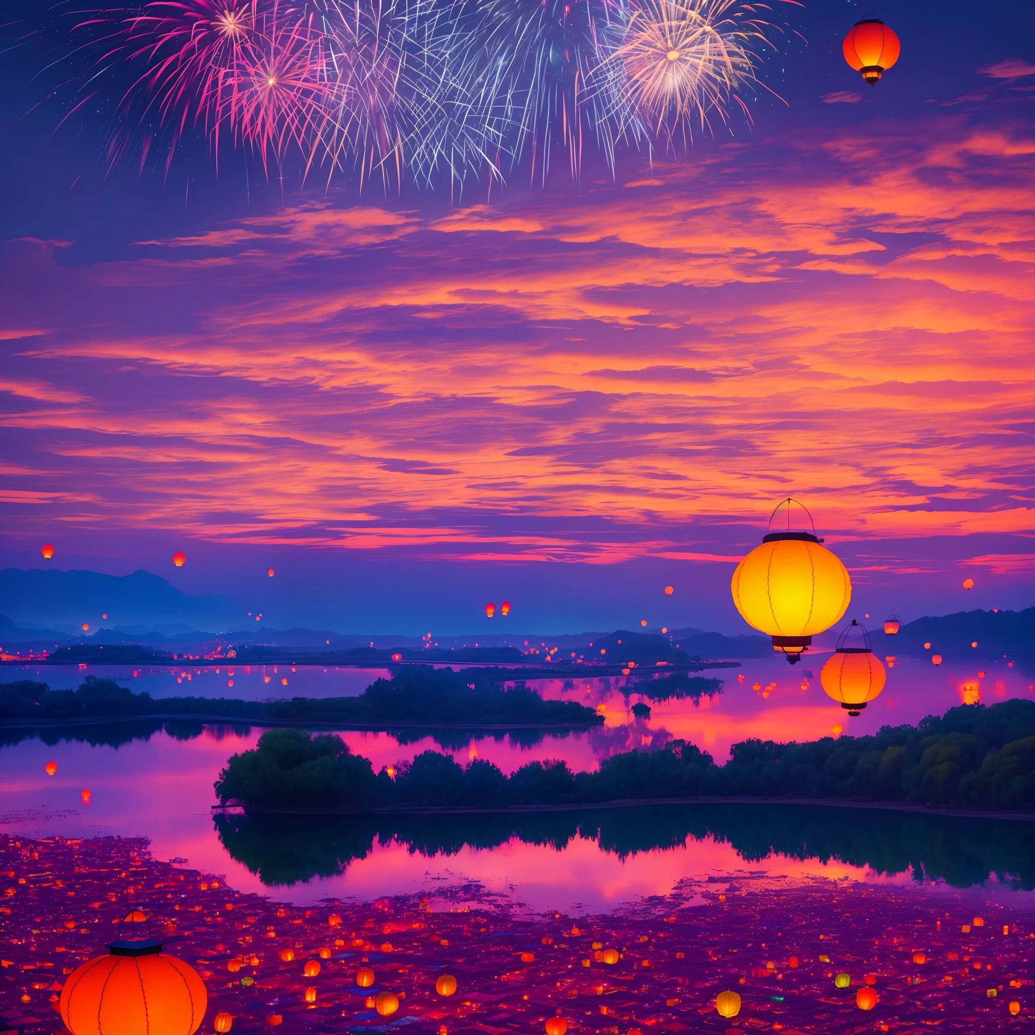 ancient architecture, colorful skies, surreal colors, ((firework, mid-autumn festival, a lot of lanterns)), colorful night, colorful sky, marvellous reflection of the sky, stunning sky, dream like atmosphere 8k, colorful clouds, colors reflecting on lake, surreal sky, red and blue reflections, fire reflection, beautiful sky, beautiful and spectacular dusk, beautiful dreamy landscape, amazing sky