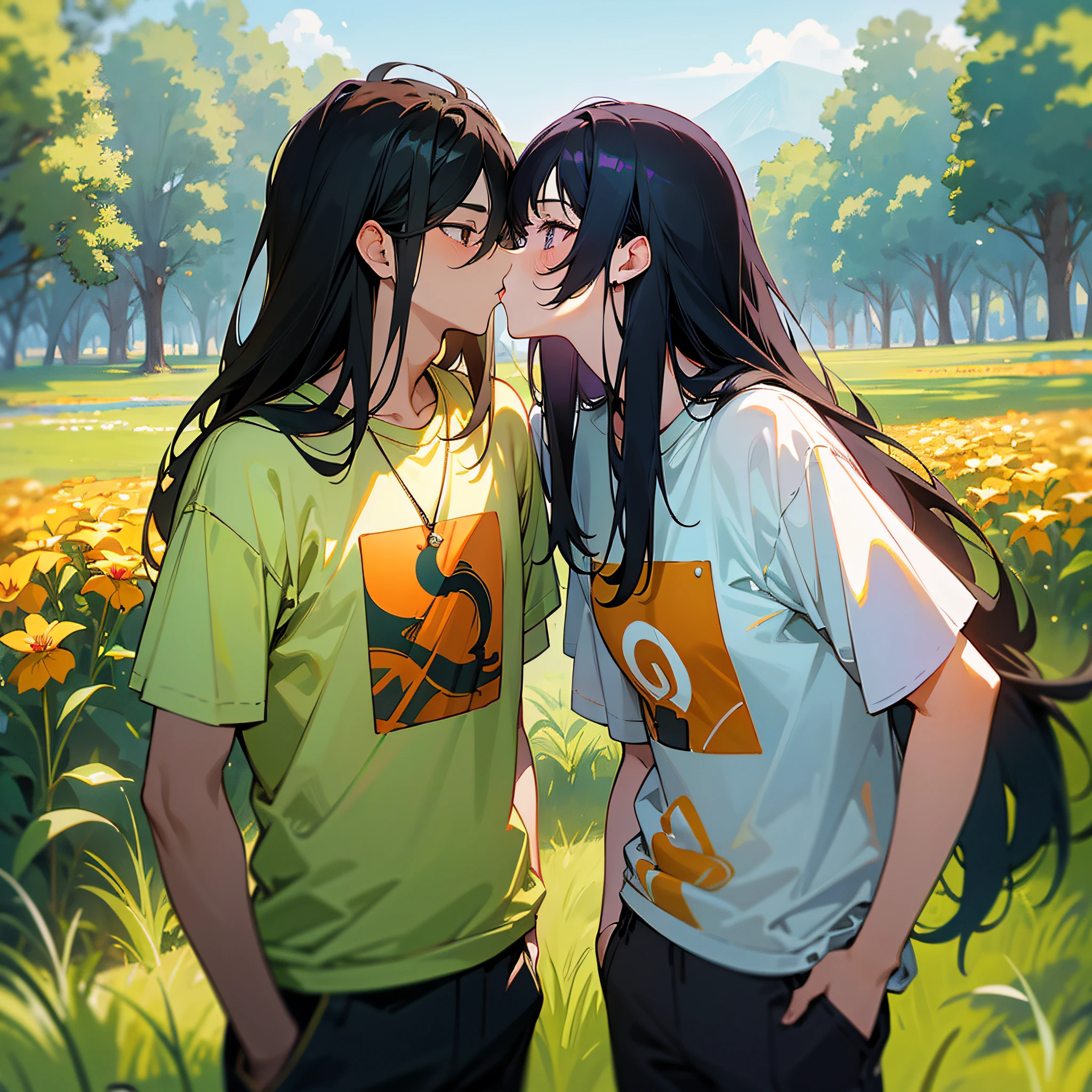 Masterpiece, best quality, {best quality}, {{masterpiece}}, {highres}, {{{field field}}, extremely detailed couple, illustration, couple, 1boy, 1girl, couple, love, love, romantic, sharp focus, male focus, female focus, black hair, both long hair, violet eyes, sun, sunlight, lifting, t-shirts, men's leisure clothes, expressionless, women's fashion, forest, kiss, kisses, sky shades of orange --auto --s2