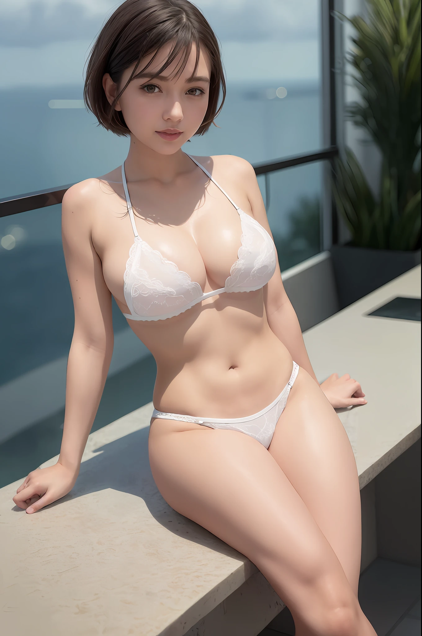 (8k, top quality, masterpiece: 1.2), (realistic, photorealistic: 1.37), super detailed, girl single, cute, solo, beautiful detailed sky, detailed café, night, sitting, date, (blush), (smile: 1.15), (closed mouth) small breasts, fine beautiful eyes, (white micro bikini: 1.1), night, wet, office clothes, rain, white lace, (short hair: 1.2), Float NovaFrogStyle, topless,