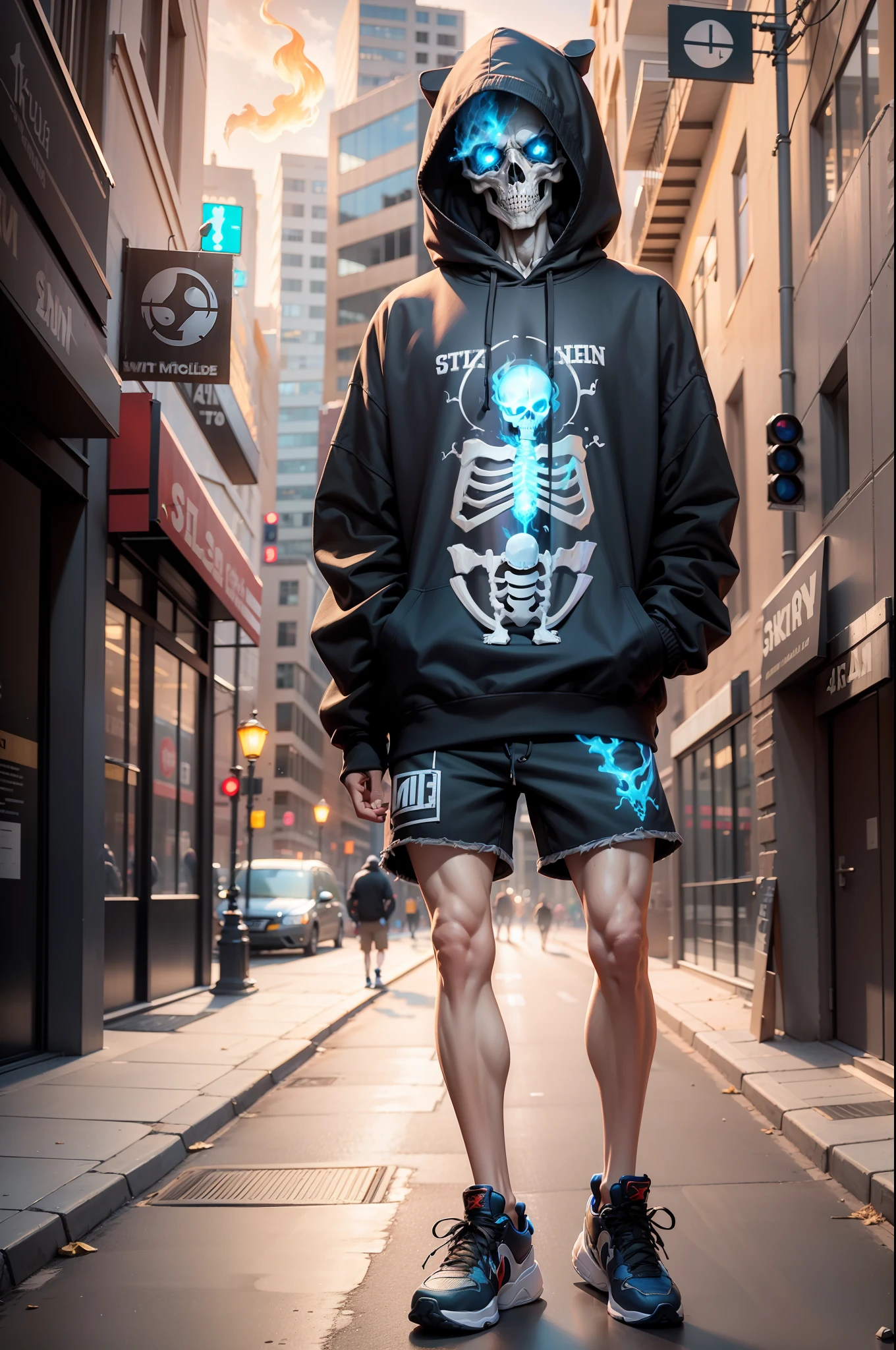 4k, realistic, very detailed, skeleton, skeleton body, skeleton arms, skeleton legs, a blue flame of magic burns in one eye socket, he is dressed in casual clothes, oversized sweatshirt, shorts, oversized clothes, full body, in Air Jordan shoes, dynamic pose, city
