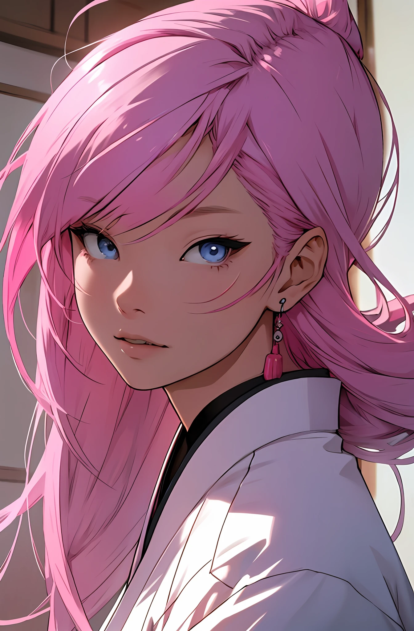beautiful japanese woman,blue eyes,pink hair, wear earring,masterpiece,1girl