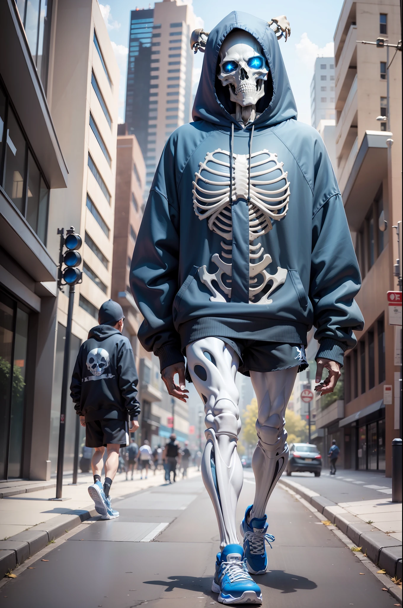 4k, realistic, very detailed, skeleton, skeleton body, skeleton arms, skeleton legs, a blue flame of magic burns in one eye socket, he is dressed in casual clothes, oversized sweatshirt, shorts, oversized clothes, full body, in Air Jordan shoes, dynamic pose, city