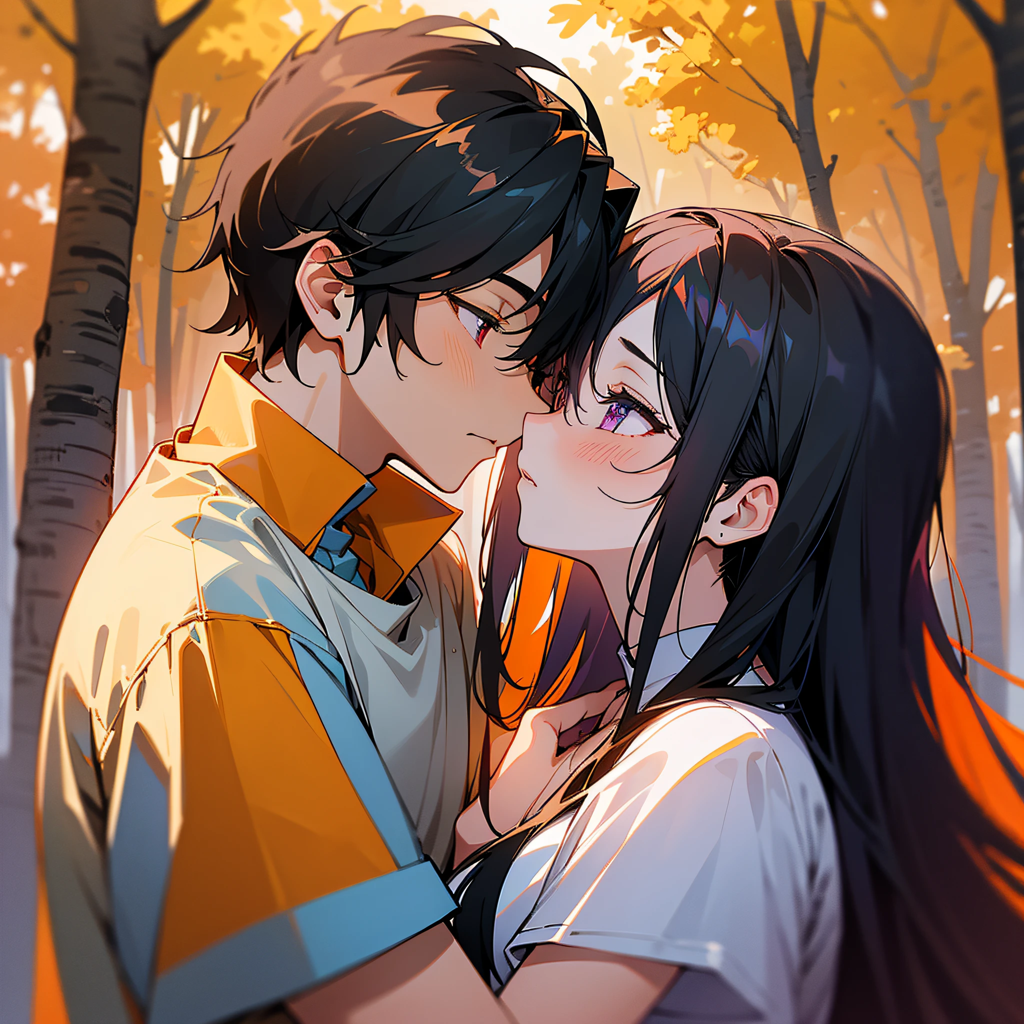 masterpiece, best quality, {best quality}, {{masterpiece}}, {highres}, {{{field field}}, extremely detailed couple, illustration, couple, 1boy, 1girl, couple, love, love, romantic, sharp focus, male focus, female focus, black hair, both long-haired, violet eyes, sun, sunlight, lifting, t-shirts, men's leisure clothes, expressionless, women's fashion, forest, kiss, kisses, orange sky, hug --auto --s2