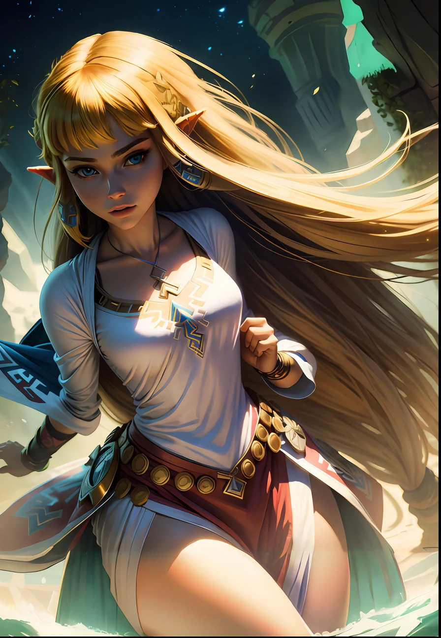masterpiece, best_quality, 1girl, (solo:1.5), princess zelda, nintendo, the legend of zelda, white dress with slits