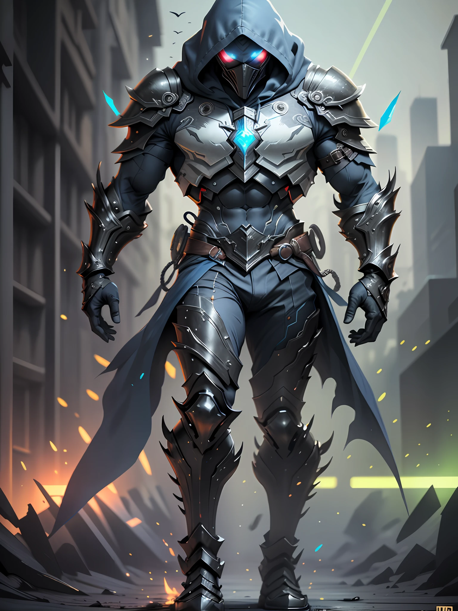 full body realistic hooded sharp ornate armored warriors mans suite, waring mask, white and blue, red green neon, blue neon, extra details armor, Many details, night, front view, battlefield background, full body, full body, all body, front view, wide angle, ultra details, ultra resolution, ultra quality, unreal engine 5, cinematic light, cinematic lighting, cinematic lighting, feet out of frame, super detail, 16k, high quality, best quality, clothes texture, metal texture, high quality texture, high details, super details