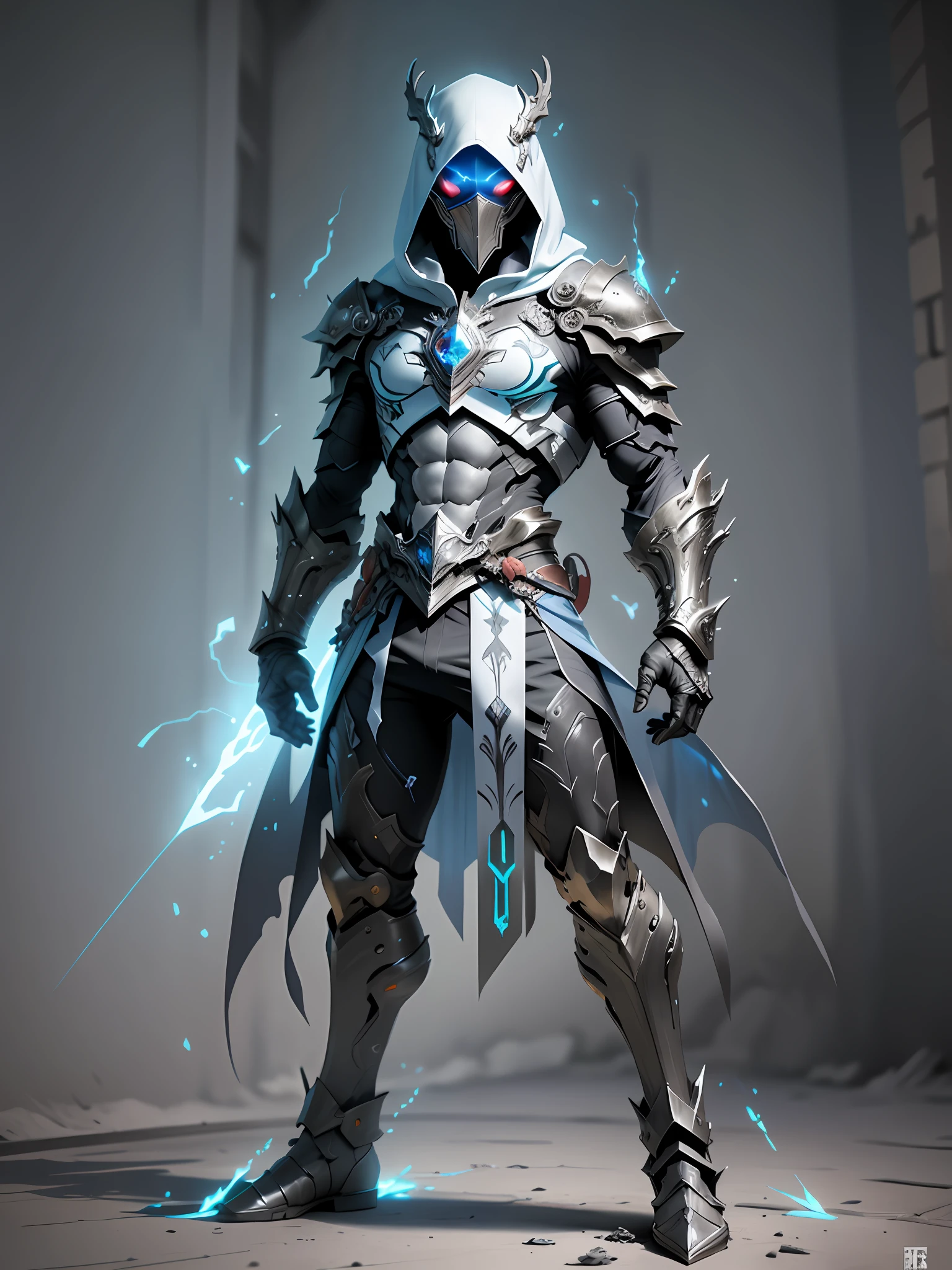 full body realistic hooded sharp ornate armored warriors mans suite, waring mask, white and blue, red green neon, blue neon, extra details armor, Many details, night, front view, battlefield background, full body, full body, all body, front view, wide angle, ultra details, ultra resolution, ultra quality, unreal engine 5, cinematic light, cinematic lighting, cinematic lighting, feet out of frame, super detail, 16k, high quality, best quality, clothes texture, metal texture, high quality texture, high details, super details