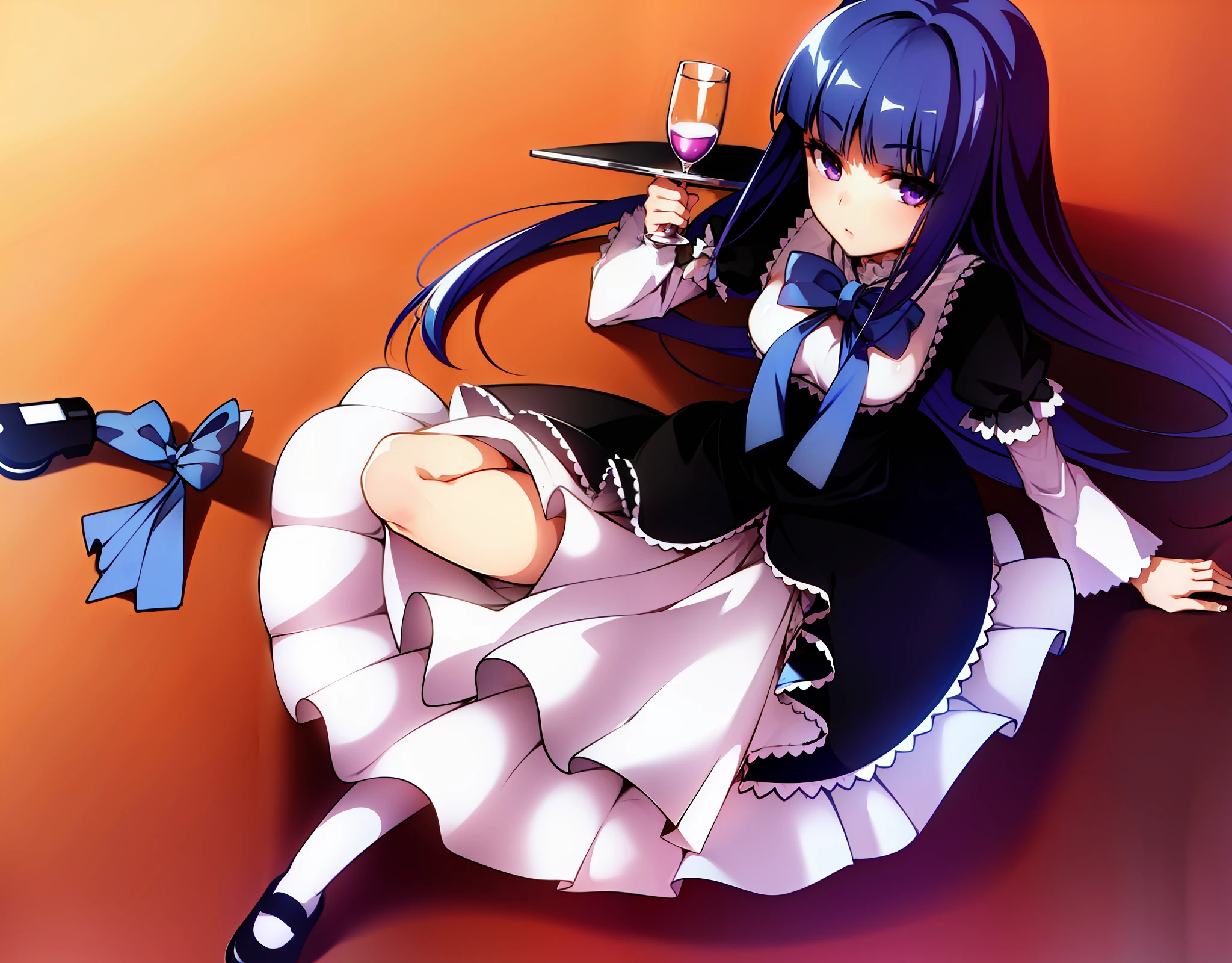 1girl, frederica bernkastel, blue hair, blunt bangs, bow, cat tail with bow, dress, drink, drinking glass, glass, kneehighs, long hair, purple eyes, ribbon, shoes, solo,tail ornament, tail ribbon, white legwear
