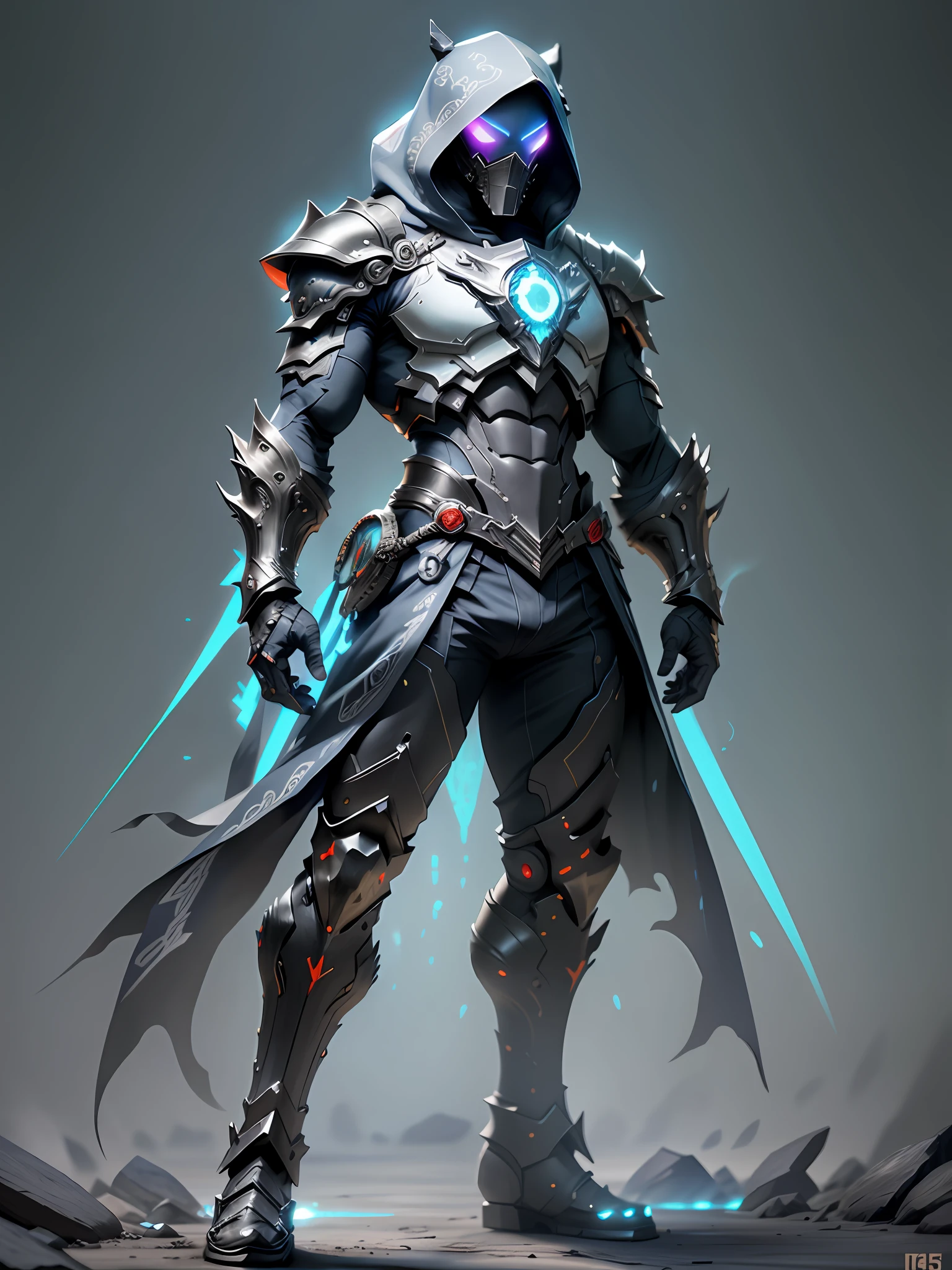 full body realistic hooded sharp ornate armored warriors mans suite, waring mask, white and blue, red green neon, blue neon, extra details armor, Many details, night, front view, battlefield background, full body, full body, all body, front view, wide angle, ultra details, ultra resolution, ultra quality, unreal engine 5, cinematic light, cinematic lighting, cinematic lighting, feet out of frame, super detail, 16k, high quality, best quality, clothes texture, metal texture, high quality texture, high details, super details