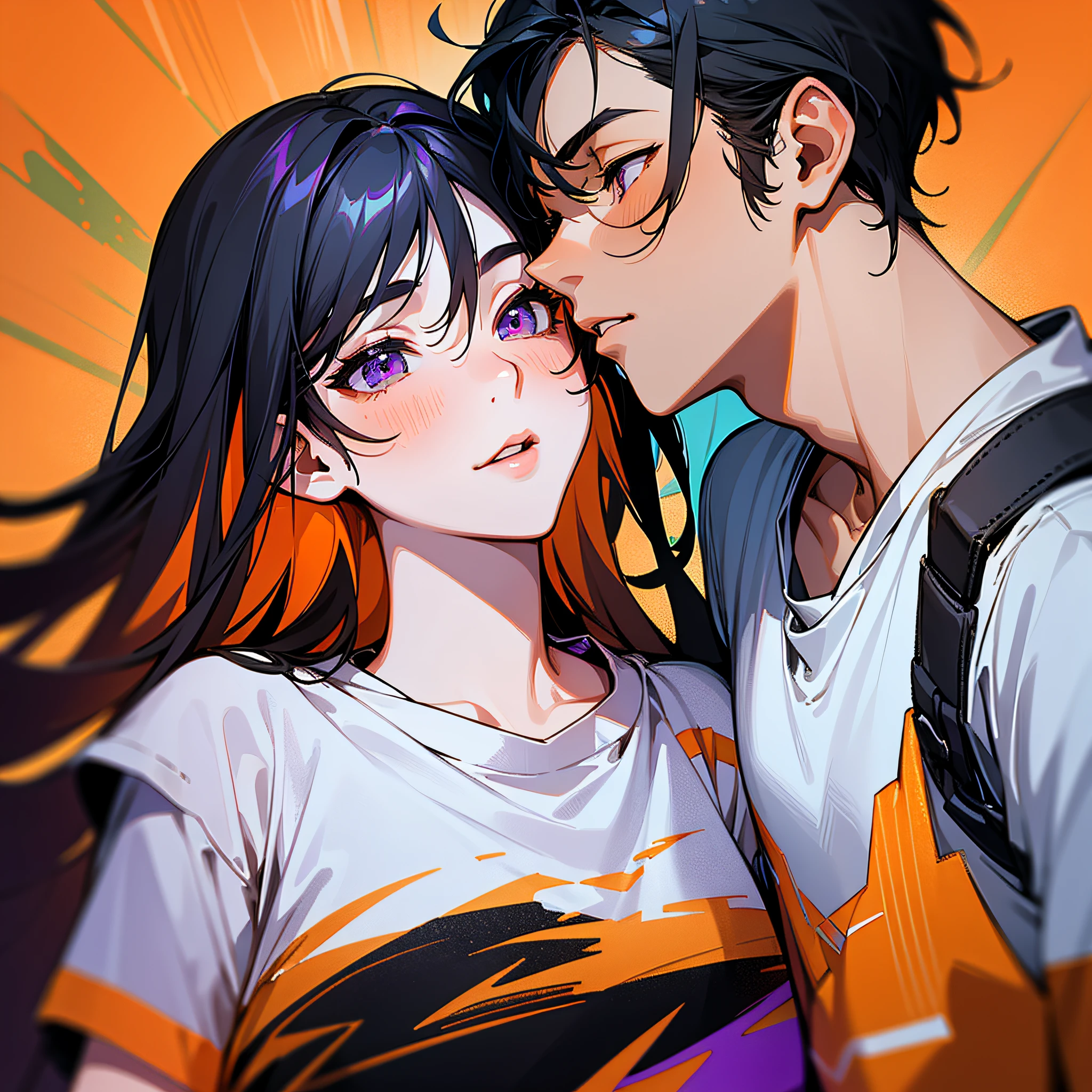 Masterpiece, best quality, {best quality}, {{masterpiece}}, {highres}, {{{field field}}, extremely detailed couple, illustration, couple, 1boy, 1girl, couple, love, love, romantic, sharp focus, male focus, female focus, black hair, both long hair, violet eyes, sun, sunlight, lifting, t-shirts, men's leisure clothes, expressionless, women's fashion, forest, kiss, kisses, orange sky, happy --auto --s2