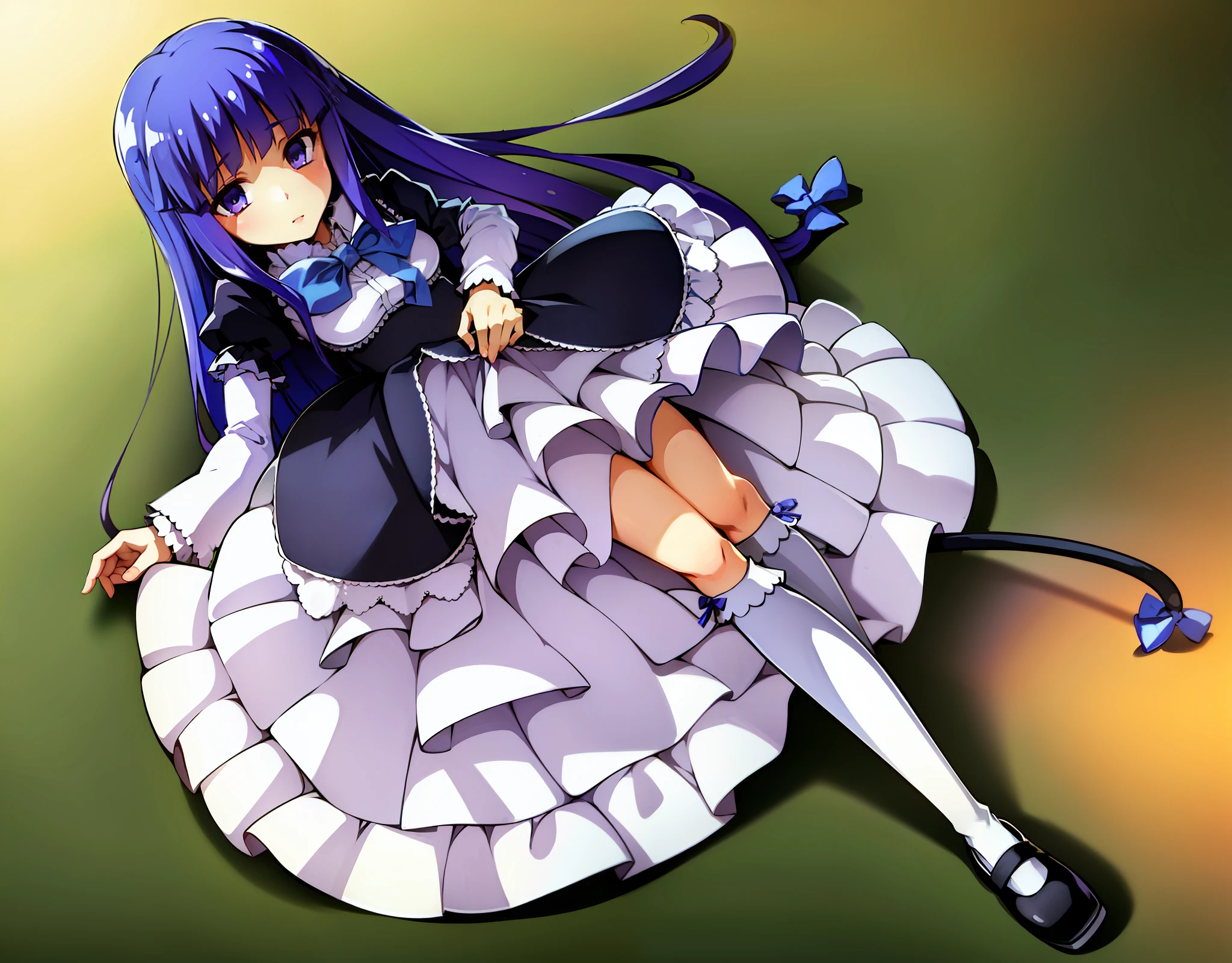 1girl, frederica bernkastel, blue hair, blunt bangs, bow, cat tail with bow, dress, drink, drinking glass, glass, kneehighs, long hair, purple eyes, ribbon, shoes, solo,tail ornament, tail ribbon, white legwear