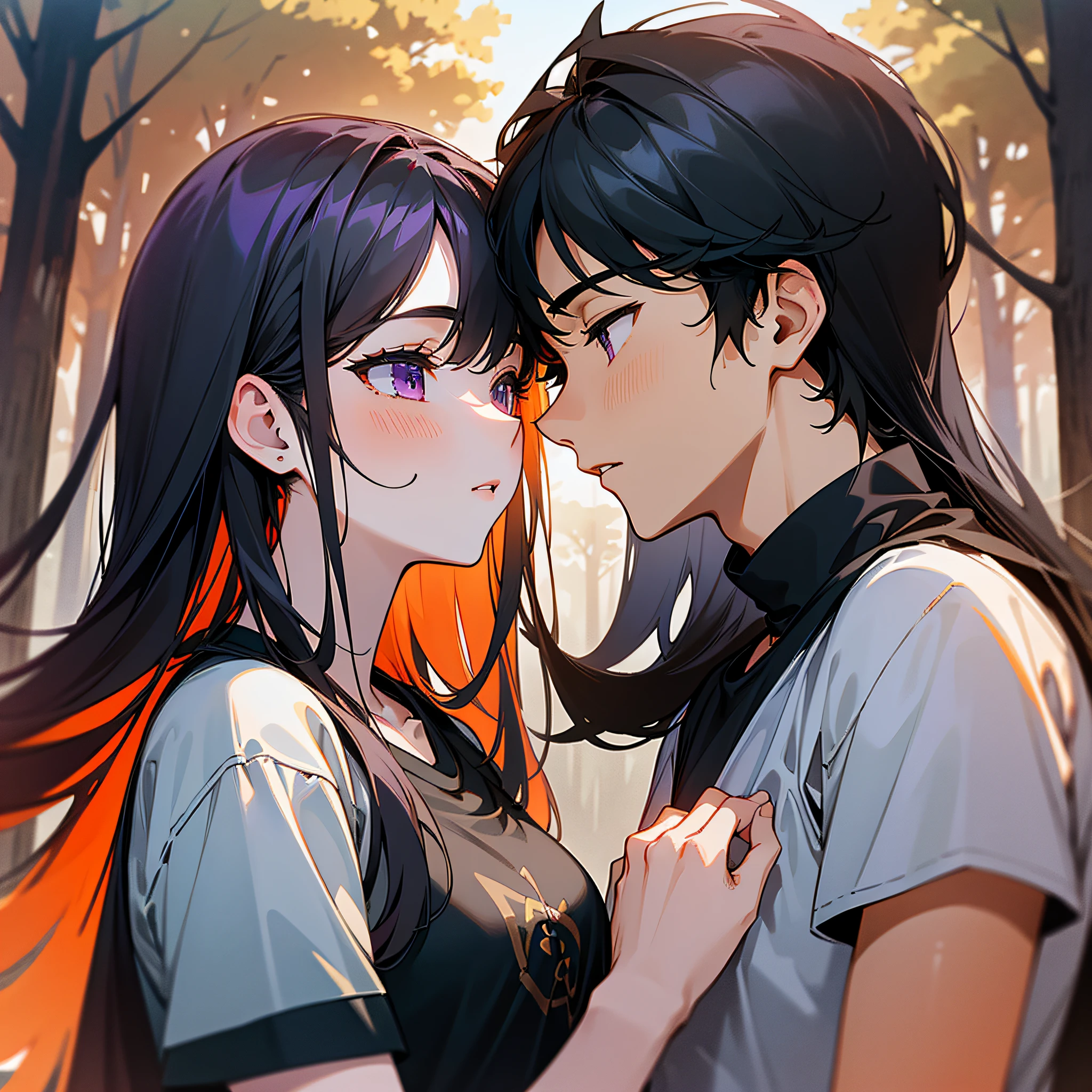 masterpiece, best quality, {best quality}, {{masterpiece}}, {highres}, {{{field field}}, extremely detailed couple, illustration, couple, 1boy, 1girl, couple, love, love, romantic, sharp focus, male focus, female focus, black hair, both long hair, violet eyes, sun, sunlight, lifting, t-shirts, men's leisure clothes, expressionless, women's fashion, forest, kiss, kisses, orange sky, lots of love --auto --s2