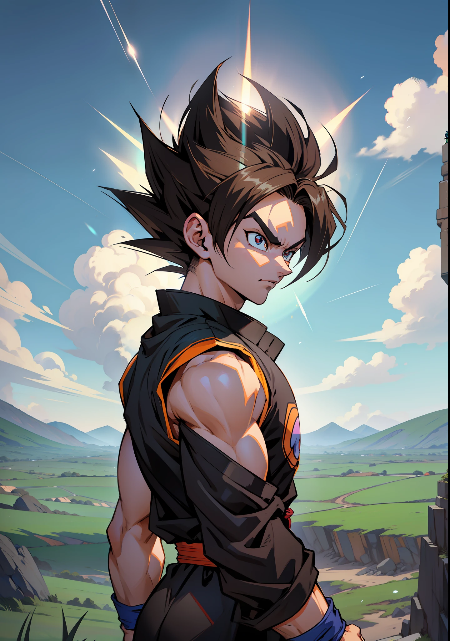 Saiyan, brown hair, android, black and white clothing, clothing with blue lines, DBZ, Dragon Ball, stunning aura, lots of action, black clothes with gray, lots of Ki energy, grass background, robotic