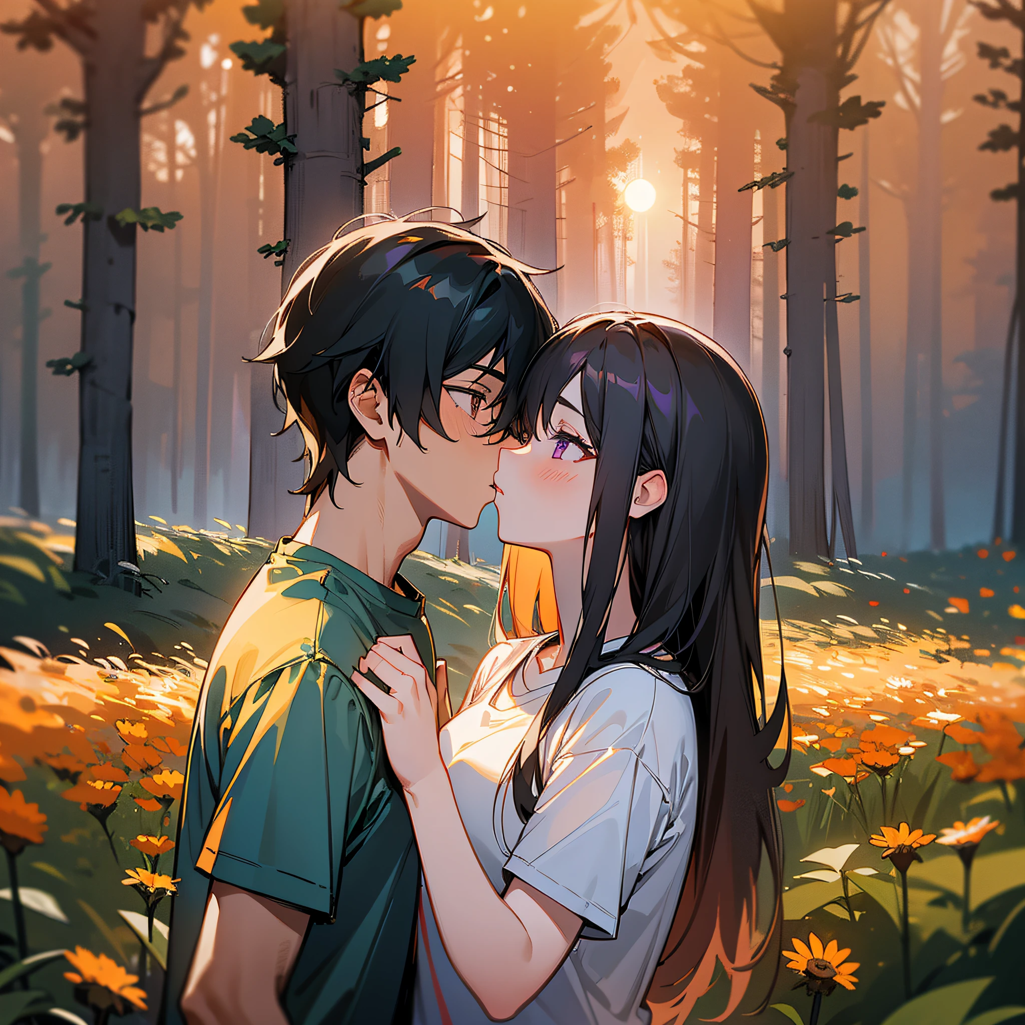 masterpiece, best quality, {best quality}, {{masterpiece}}, {highres}, {{{field field}}, extremely detailed couple, illustration, couple, 1boy, 1girl, couple, love, love, romantic, sharp focus, male focus, female focus, black hair, both long hair, violet eyes, sun, sunlight, lifting, t-shirts, men's leisure clothes, expressionless, women's fashion, forest, kiss, kisses, orange sky, affection, passion --auto --s2